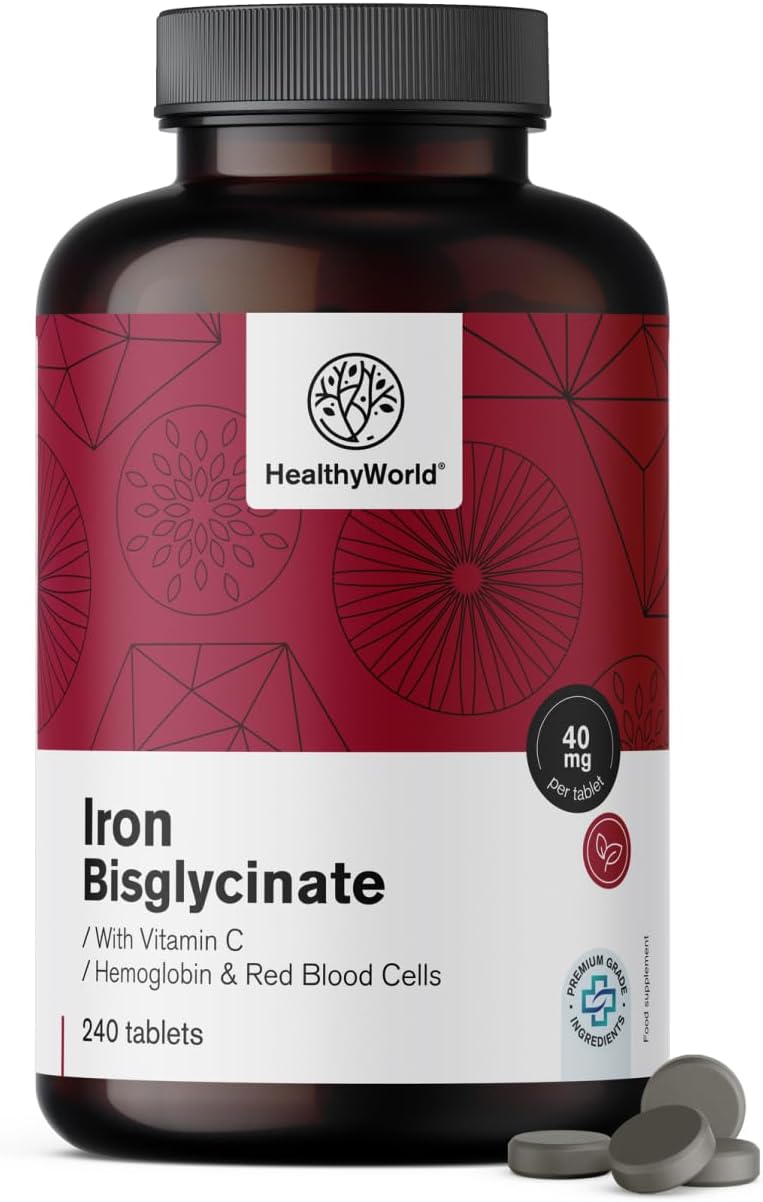 Detalle de HealthyWorld IJzer Bisglycinaat tabletten 40 mg met vitamine C, 240 stuks