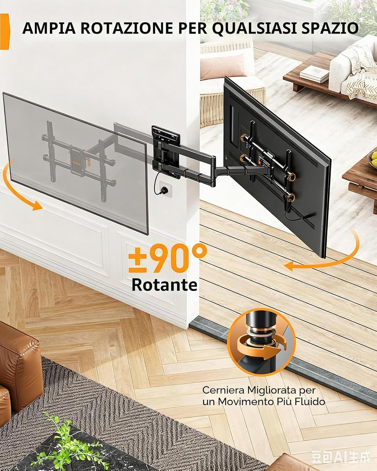 Detalle de Perlegear supporto TV da parete inclinabile e orientabile, braccio extra lungo per TV 32–65" (fino a 60 kg, VESA max 400×400 mm)
