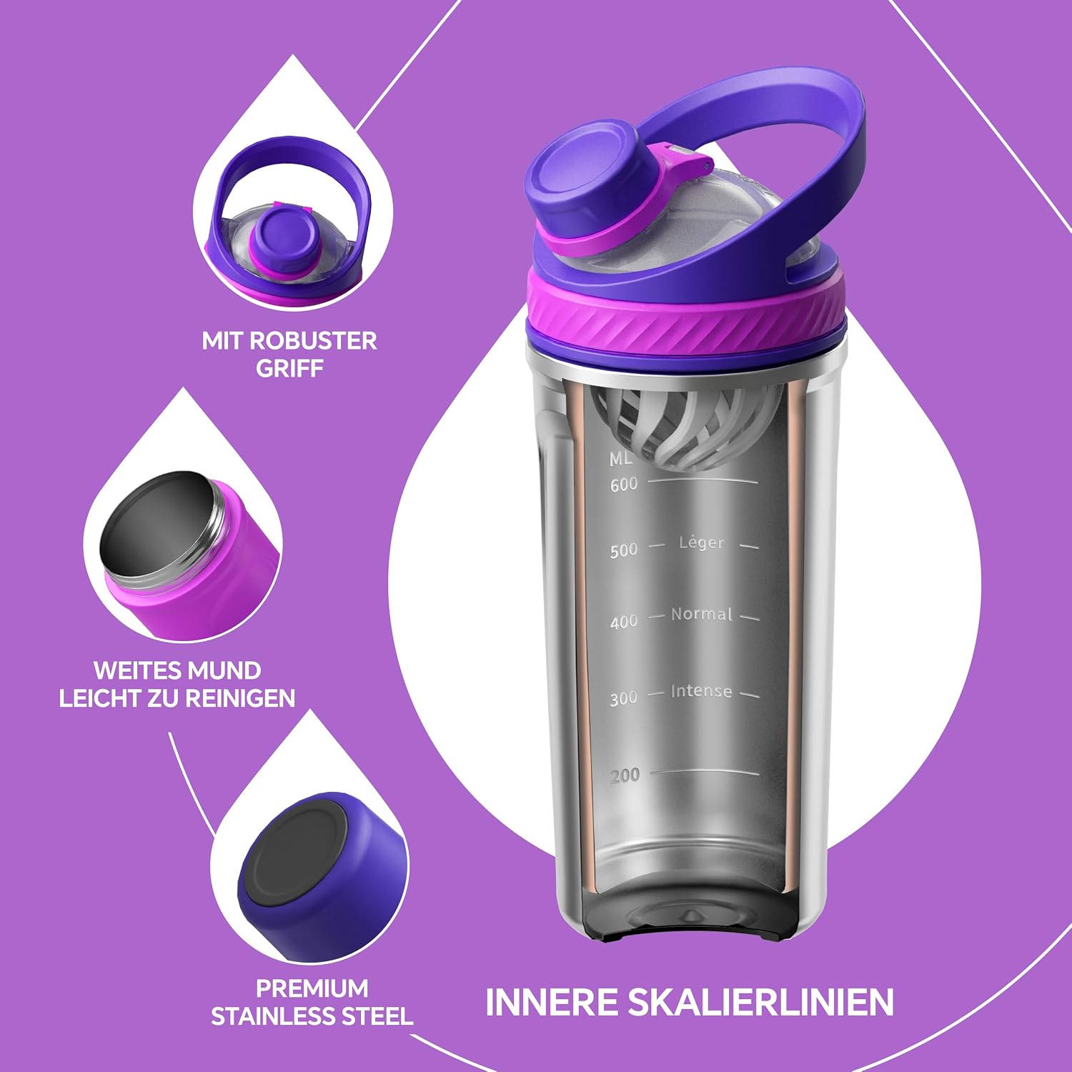 Detalle de Ideus Shaker Protein Trinkflasche 700ml – Doppelwandig Edelstahl, BPA-frei, auslaufsicher