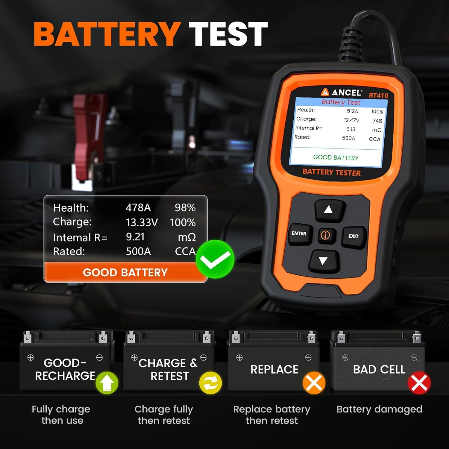 Thumbnail 2 de ANCEL BT410 12V/24V Car Battery Tester – 4-in-1 Professional Battery, Cranking, Charging & Voltage Tester