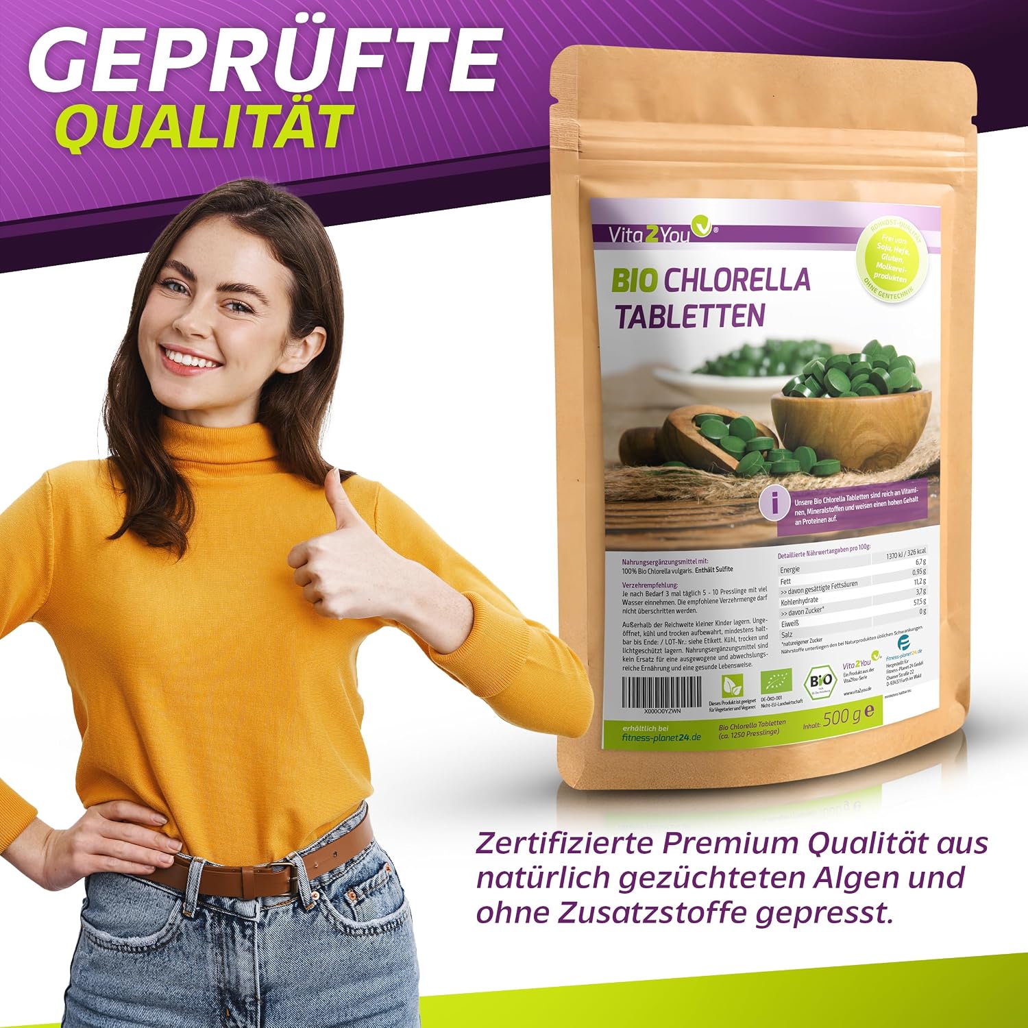 Detalle 2 de Vita2You Bio Chlorella Tabletten 500 g 💊