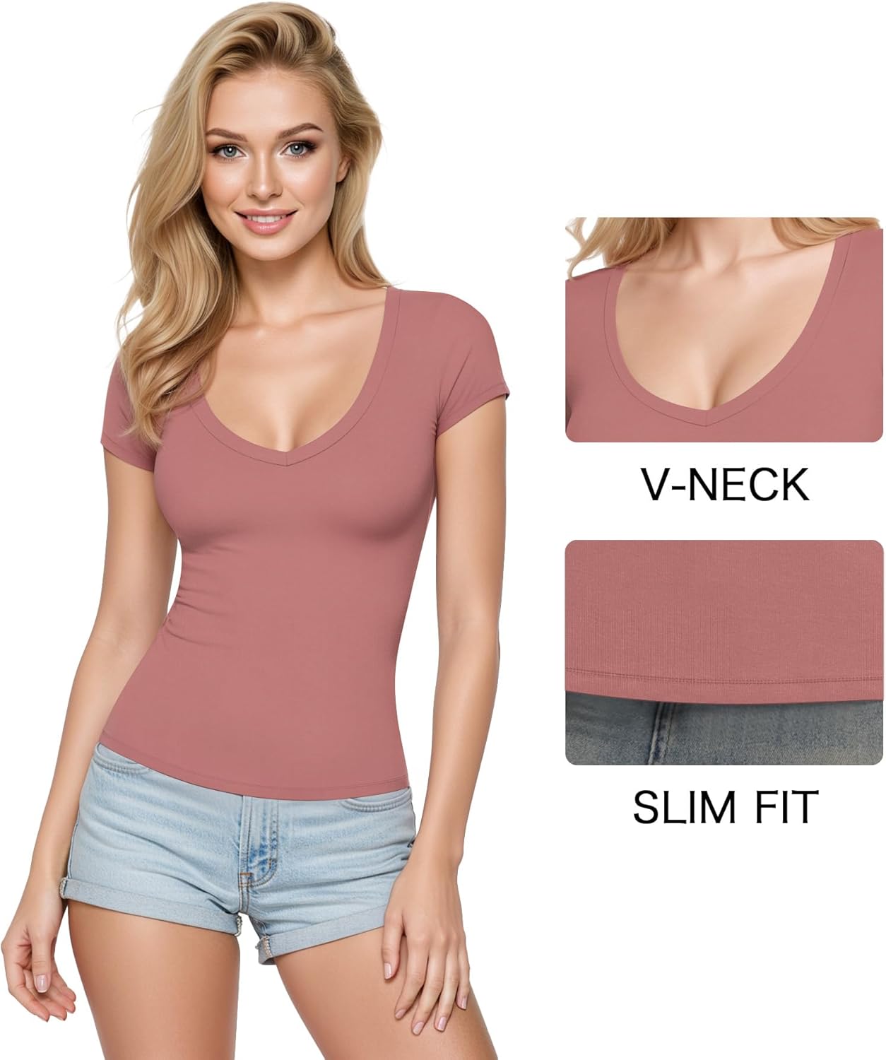 Detalle de ALGALAROUND Women’s V-Neck T-Shirt – Short Sleeve, Milk Silk, Slim Fit