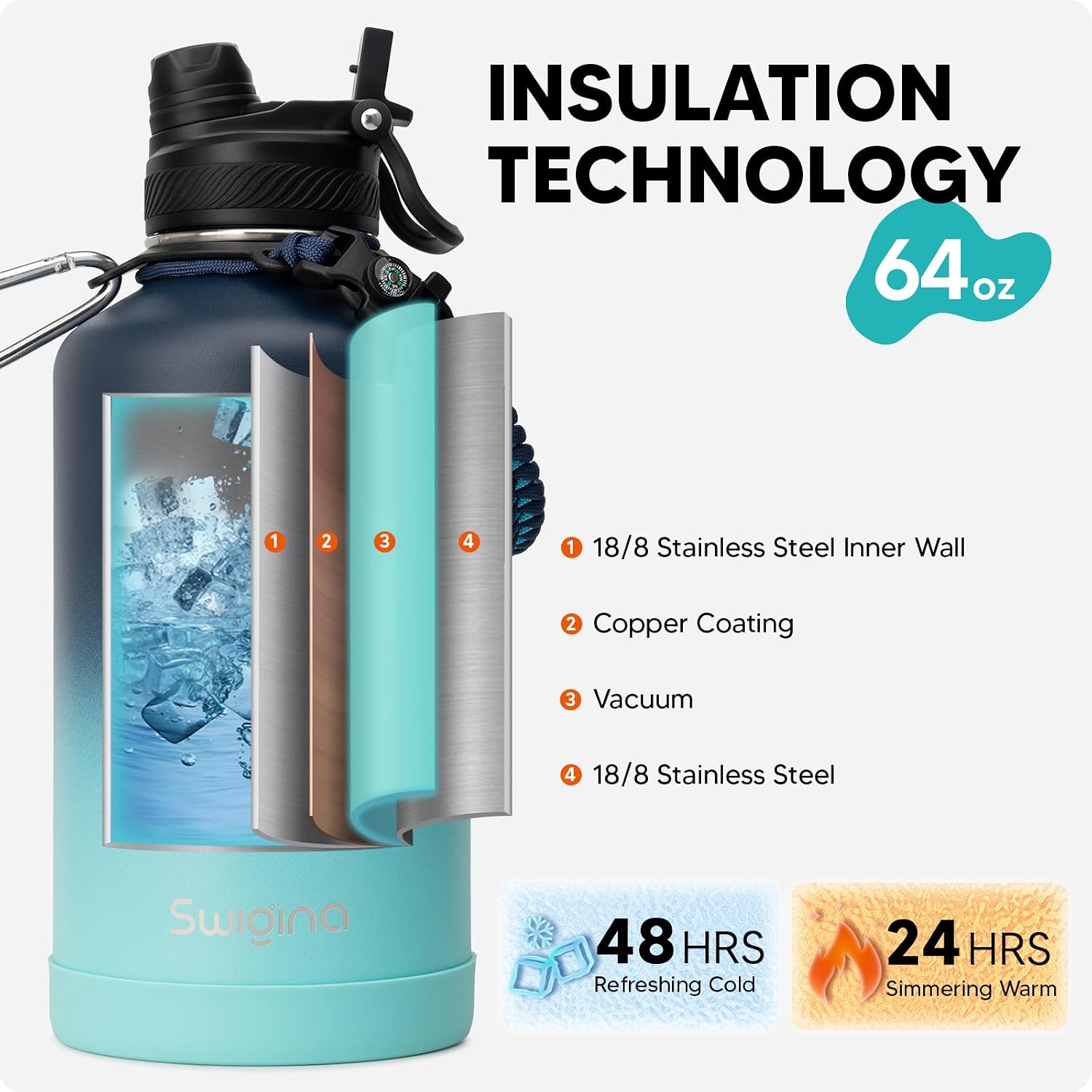Thumbnail 2 de Swigina 64 oz Insulated Water Bottle 48hrs Cold