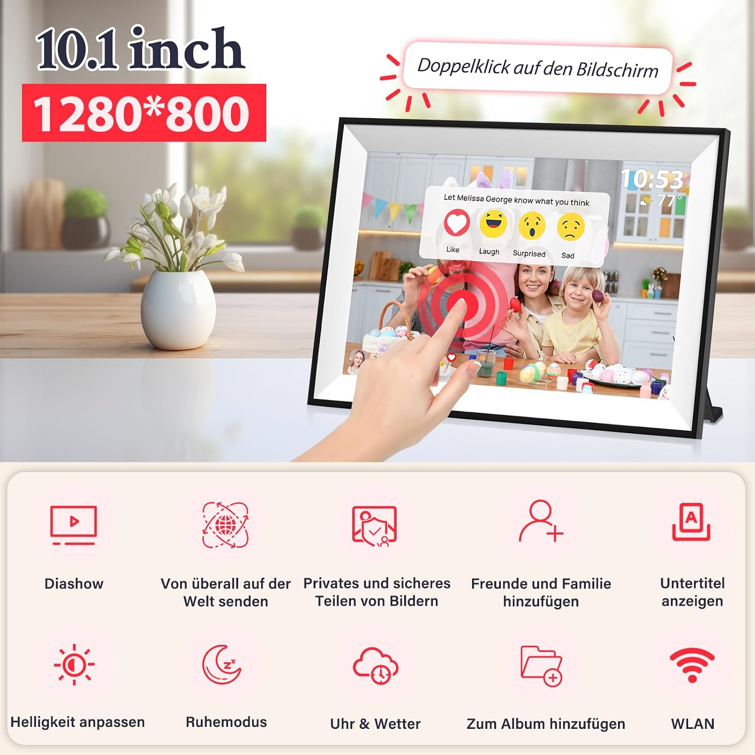 Detalle 2 de Frameo Digitaler Bilderrahmen WLAN 10,1 Zoll – 32 GB, 1280x800 IPS Touchscreen, automatische Drehung, Wandmontage, App-Sharing