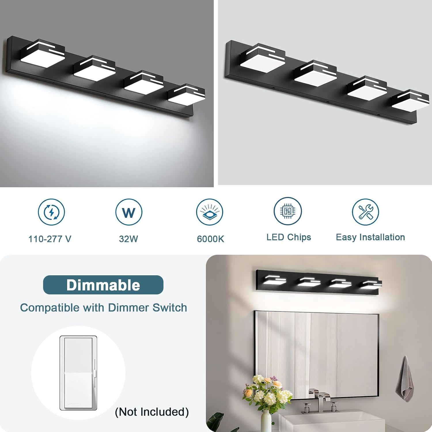 Detalle de LKHF 4-Light 30-Inch Dimmable Matte Black Modern Bathroom Vanity Light