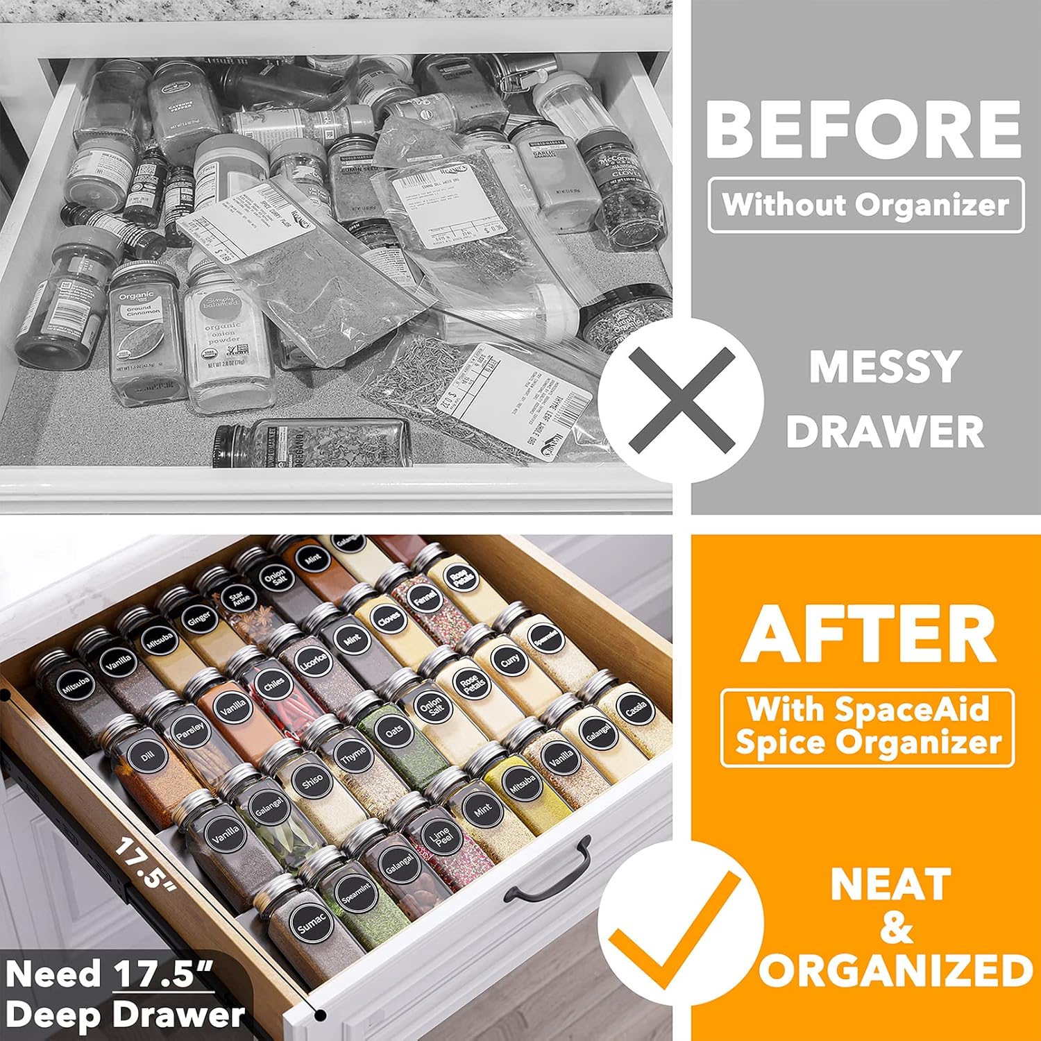 Detalle de SpaceAid Spice Drawer Organizer Set with 36 Glass Spice Jars, 4-Tier Rack & Labels