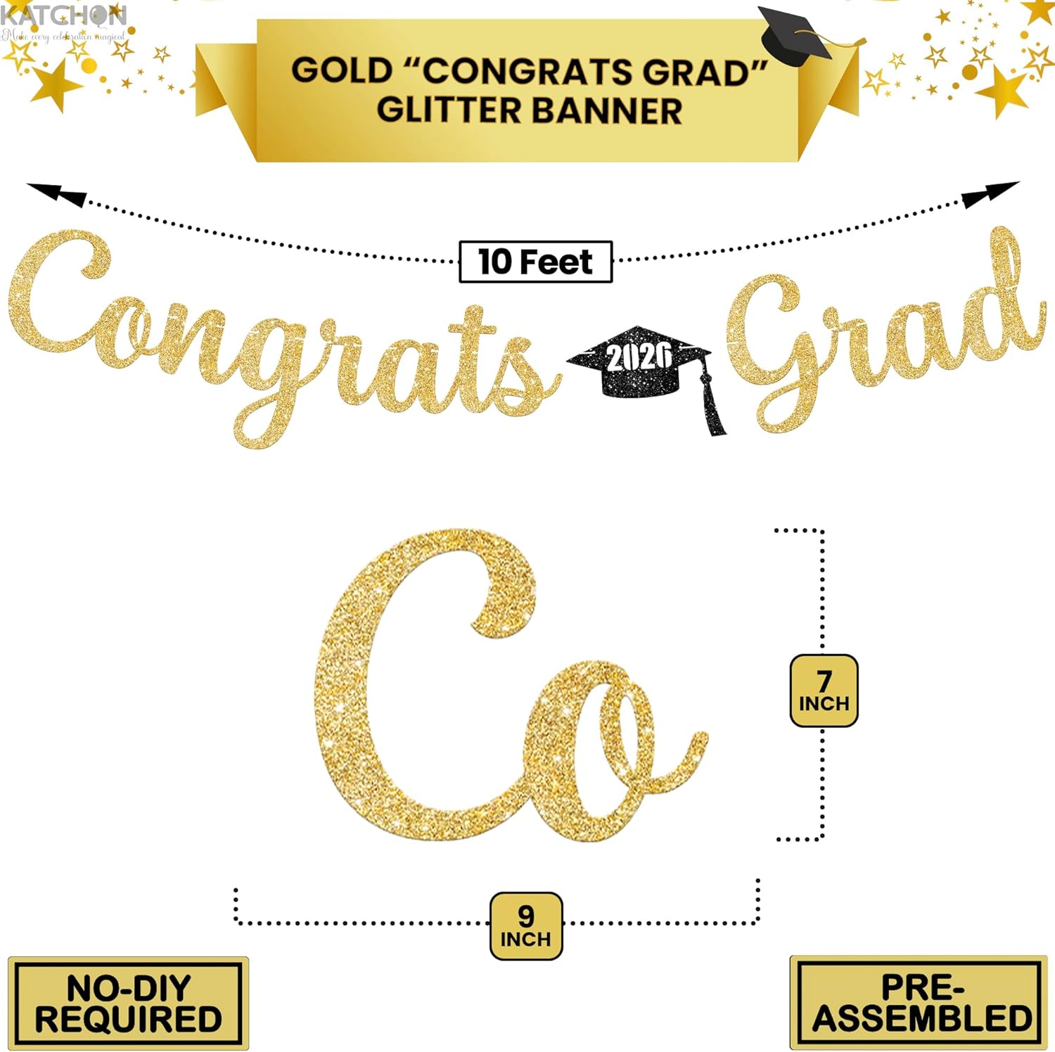 Thumbnail 1 de KatchOn Glitter Gold “Congrats Grad” Graduation Banner (Class of 2026) — Pre-Strung, 10 Feet