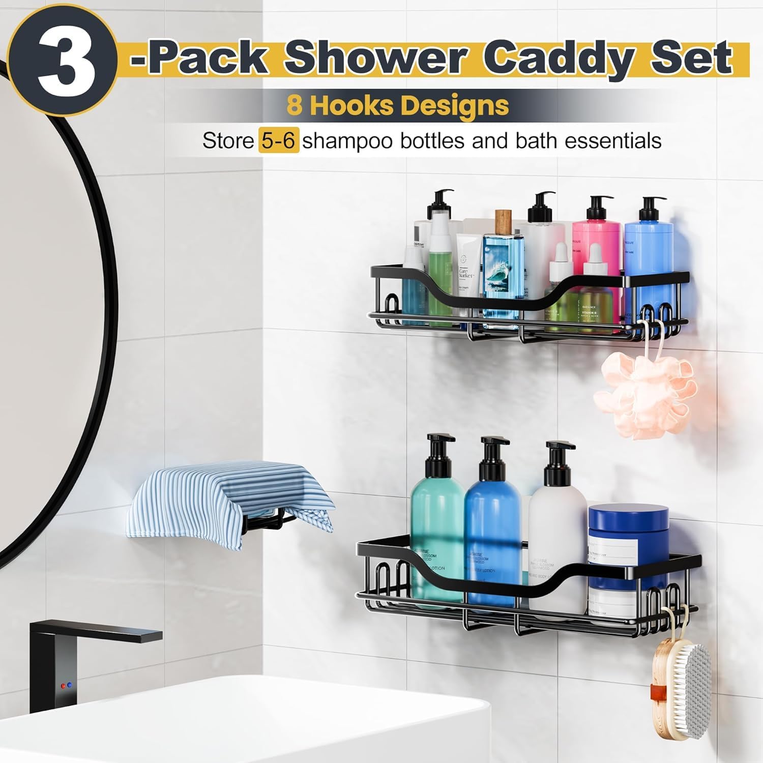 Detalle de OMAIRA 3-Pack Shower Caddy — Large Adhesive Bathroom Organizer