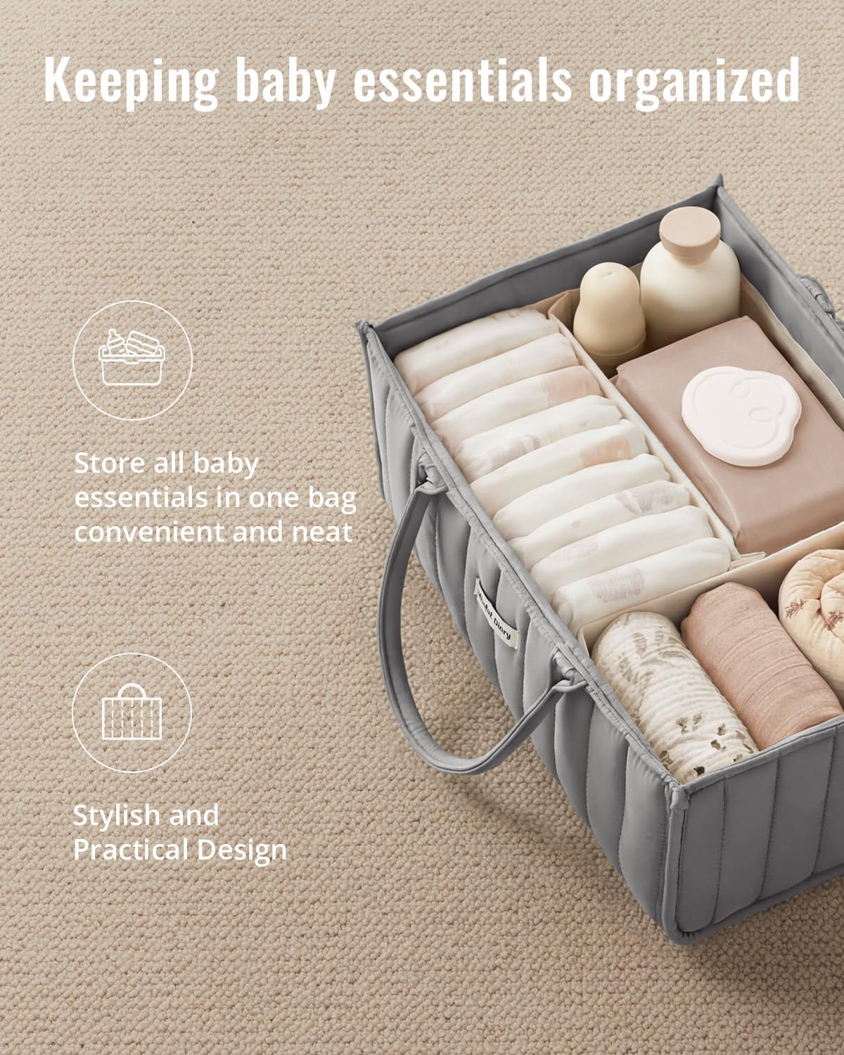 Detalle 2 de Blissful Diary SNB-01 Baby Diaper Caddy, Light Gray Polyester with Removable Dividers