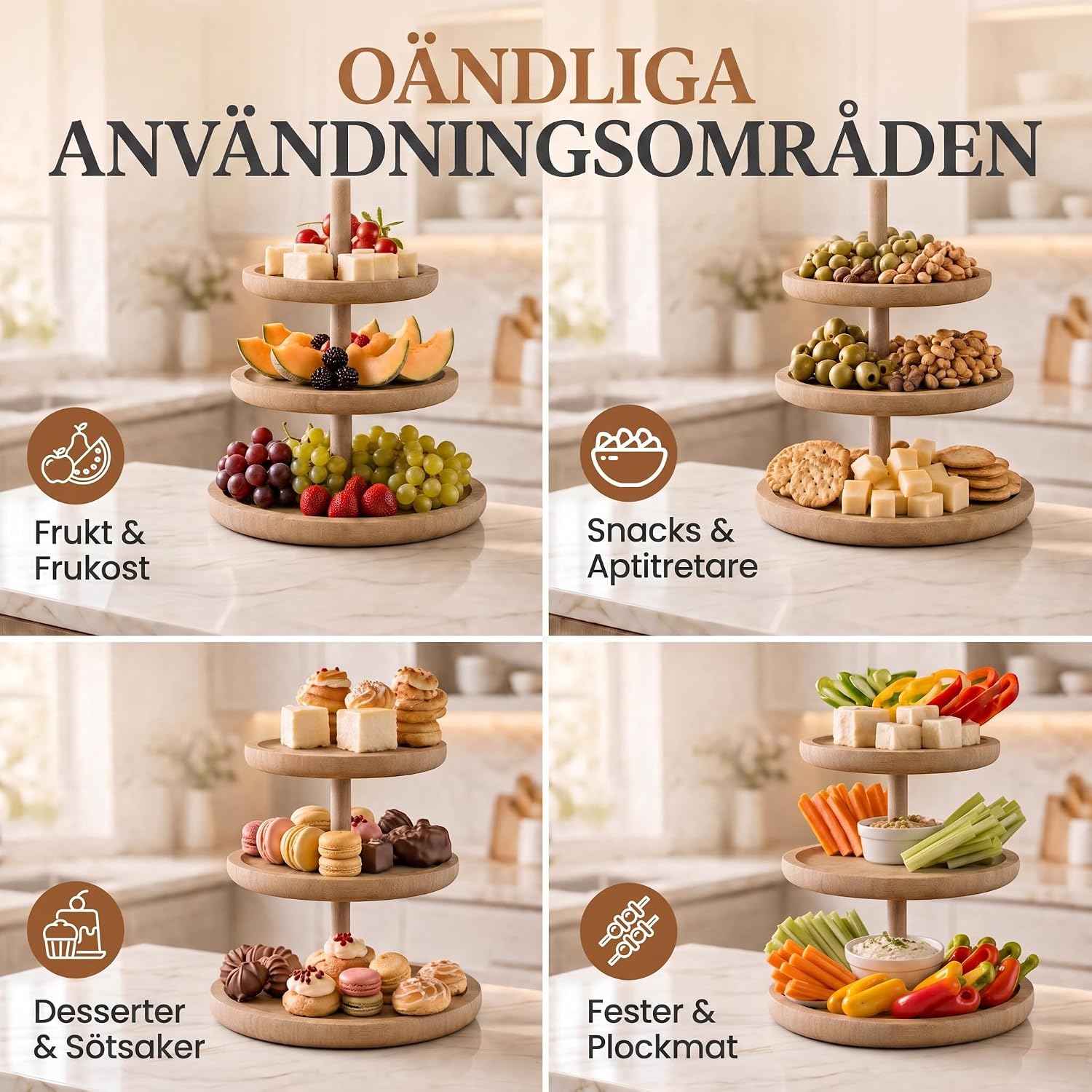Detalle 1 de DIMONO serveringsställ i bambu med tre våningar, runda fat och 37,5 cm höjd