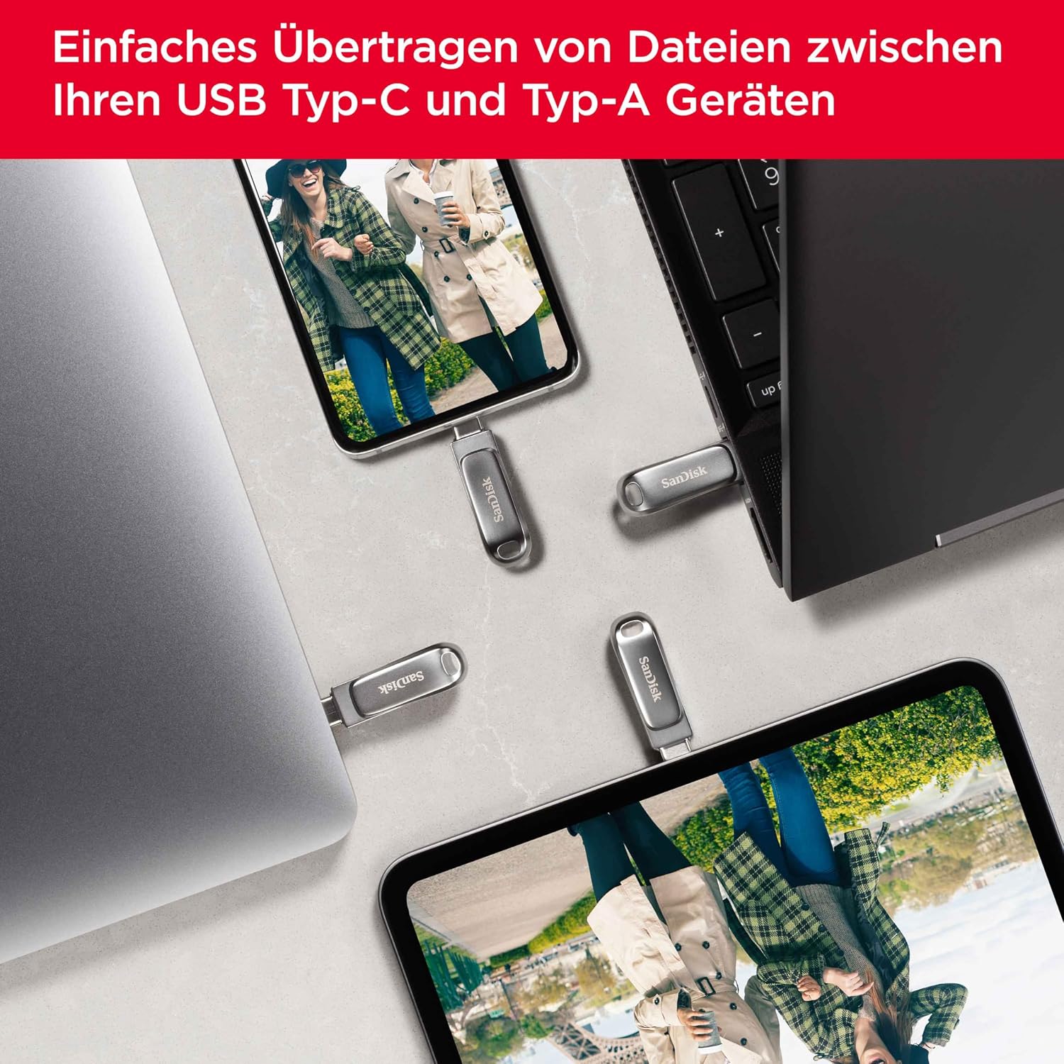 Detalle de SanDisk Ultra Dual Drive Luxe 256 GB – USB-C & USB-A Speicherstick für Smartphone, Tablet und Mac