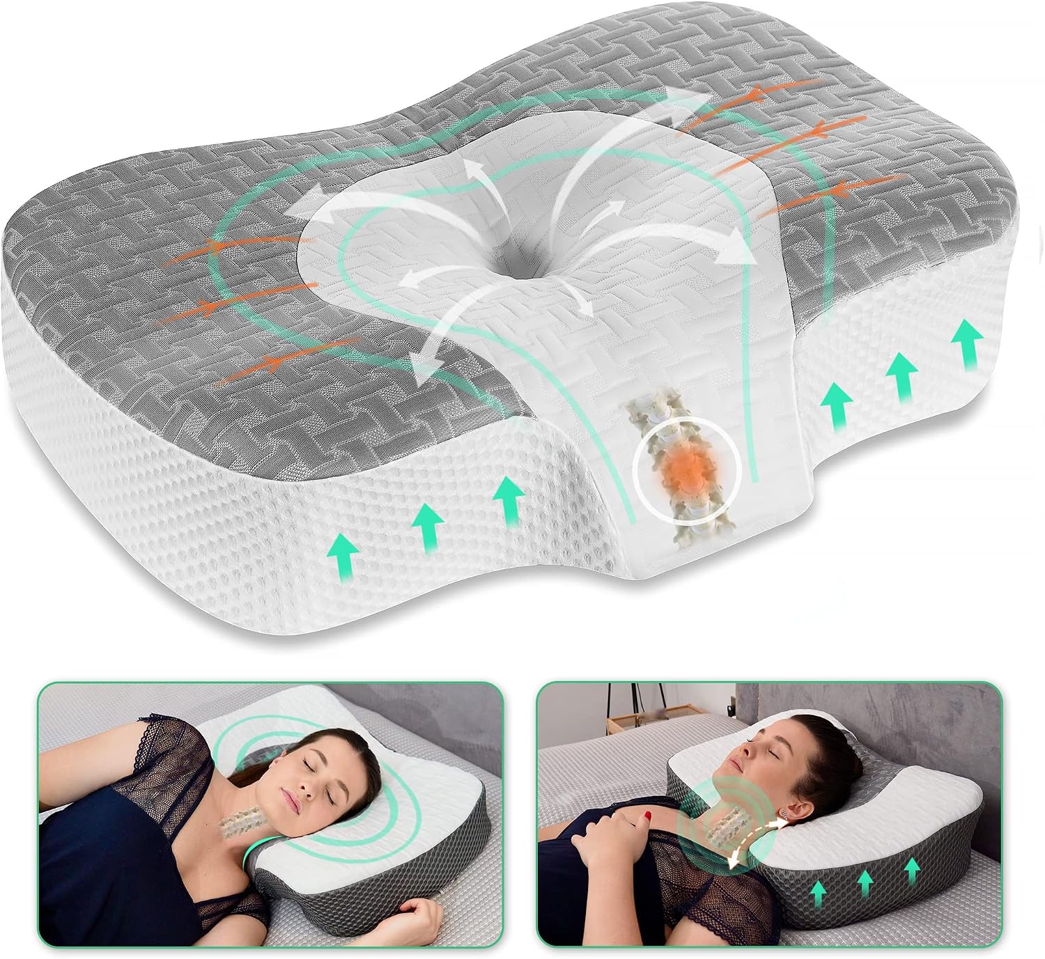 Detalle de Elviros Kopfkissen aus Memory-Schaum mit abnehmbarem Nackenhörnchen – ergonomisches Nackenstützkissen für Seitenschläfer, grau