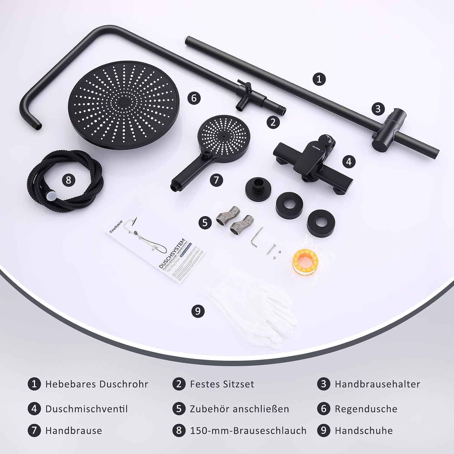 Detalle 2 de Duschsystem mit Armatur – höhenverstellbare Regendusche (26 cm) & 3-funktion Handbrause aus Edelstahl