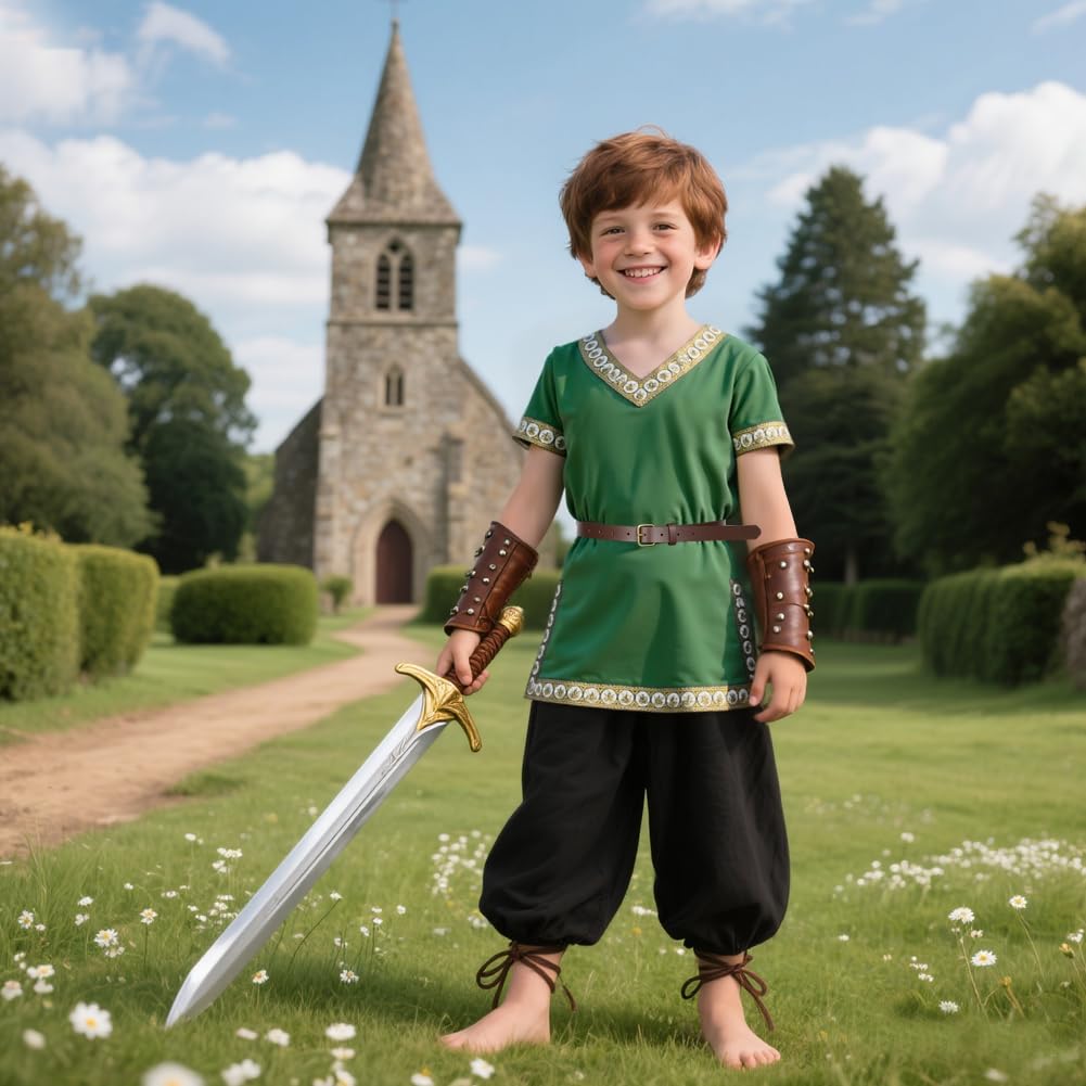 Thumbnail 6 de AYBUY Renaissance Warrior Ritter Tops für Jungen – Dunkelgrüne Tunika mit Braunem Gürtel (120 cm)