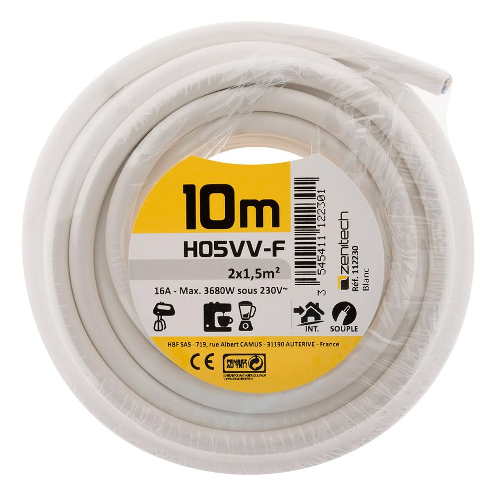 Thumbnail 1 de Zenitech Cavo di Alimentazione H05VV-F 2x1,5 mm² 10 m – Struttura Piatta, uso interno, PVC, Bianco