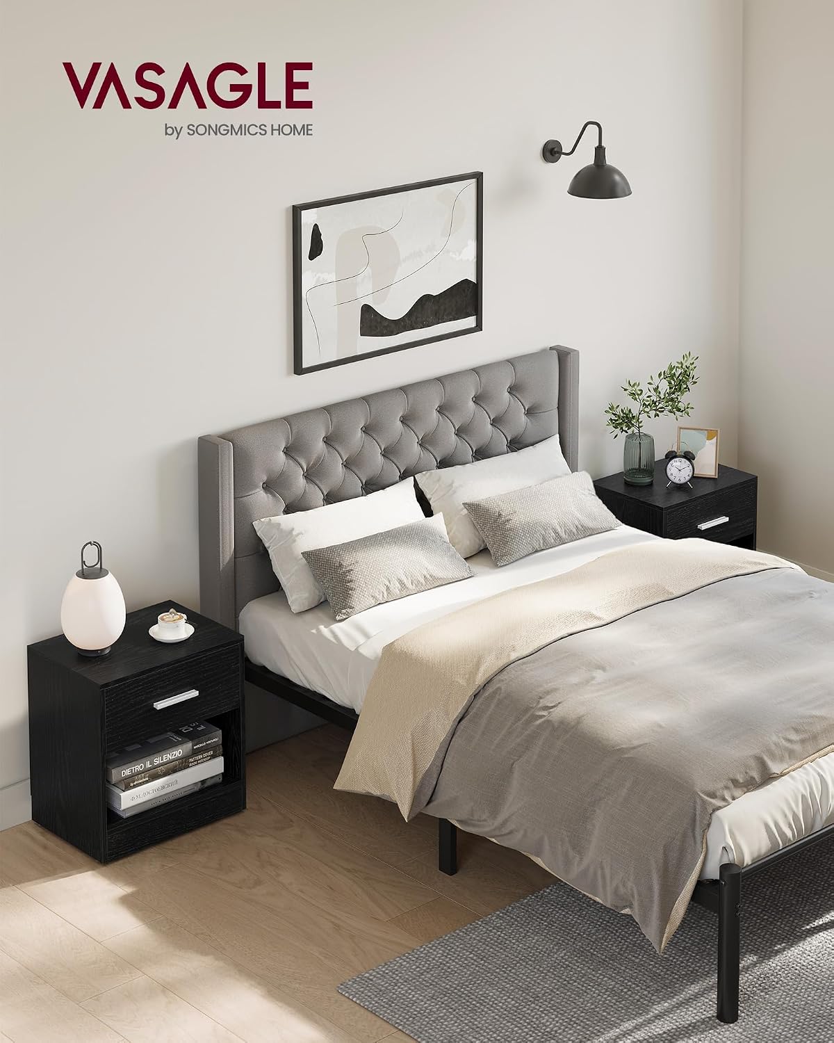 Detalle 2 de VASAGLE LET819T56 set of 2 bedside tables, black, with drawer and open shelf