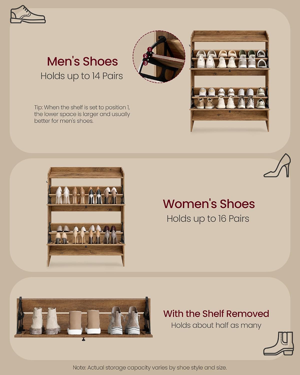 Detalle 1 de VASAGLE Shoe Storage Cabinet, 14–16-Pair Capacity