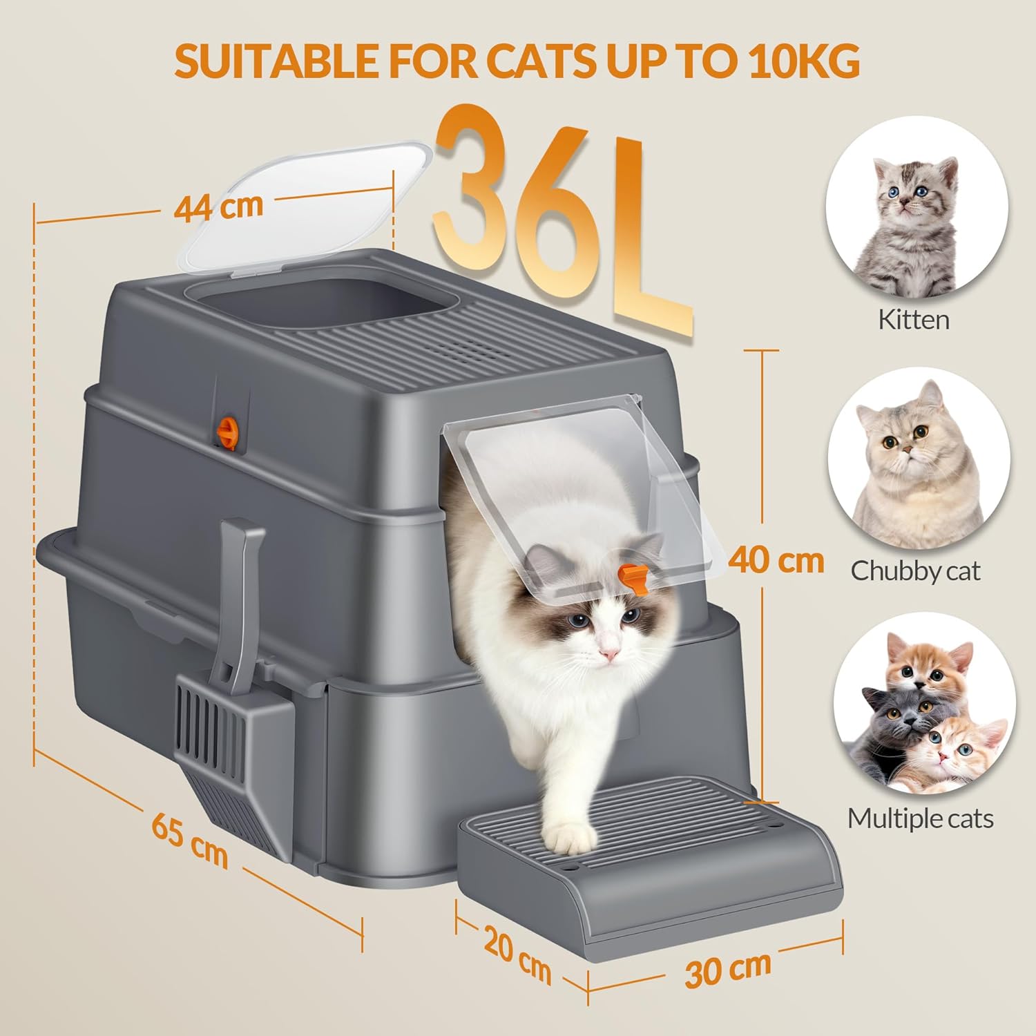 Detalle de Lettiera in acciaio inox Fobyfurny con cassetto e coperchio – XXL 65L x 44I x 40H cm