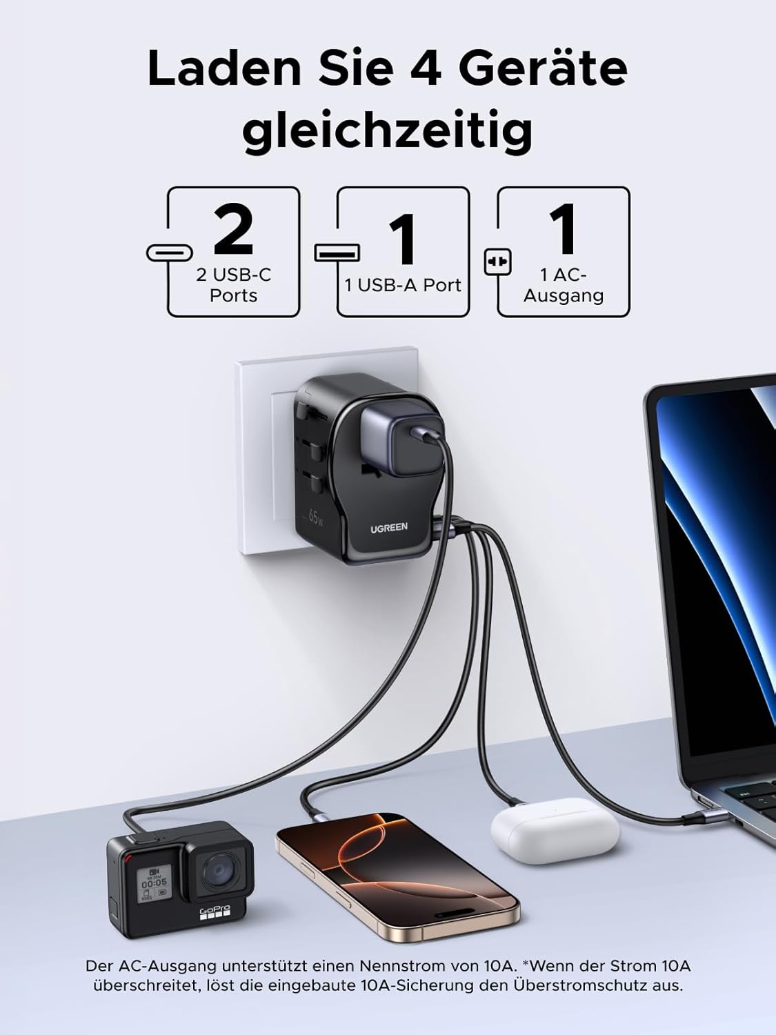 Detalle de UGREEN 65W Reiseadapter weltweit mit 4 Ports đ