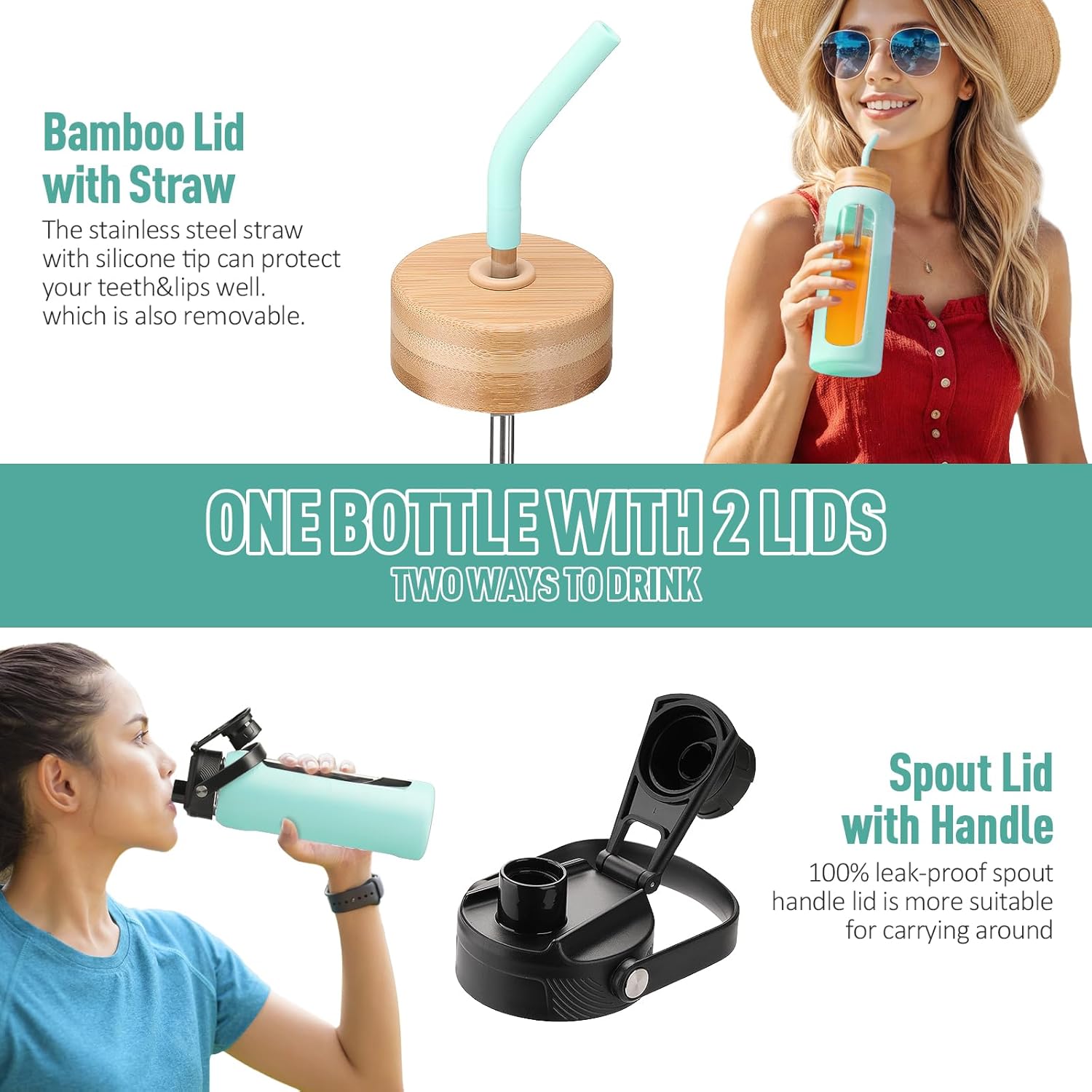 Thumbnail 2 de BLUEGO 600ml Glass Water Bottle with Straw and 2 Lids – Borosilicate Glass Tumbler for Everyday Beverages