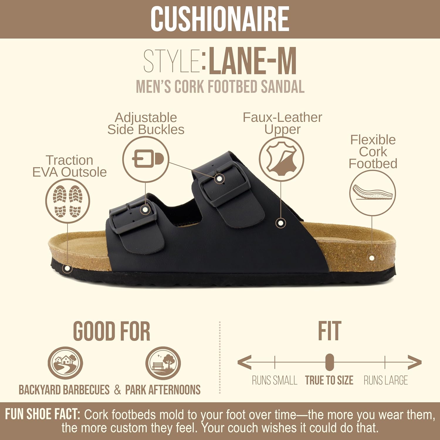 Thumbnail 3 de CUSHIONAIRE Lane LANE-M-PARENT Men's Cork Footbed Sandals with Adjustable Buckles
