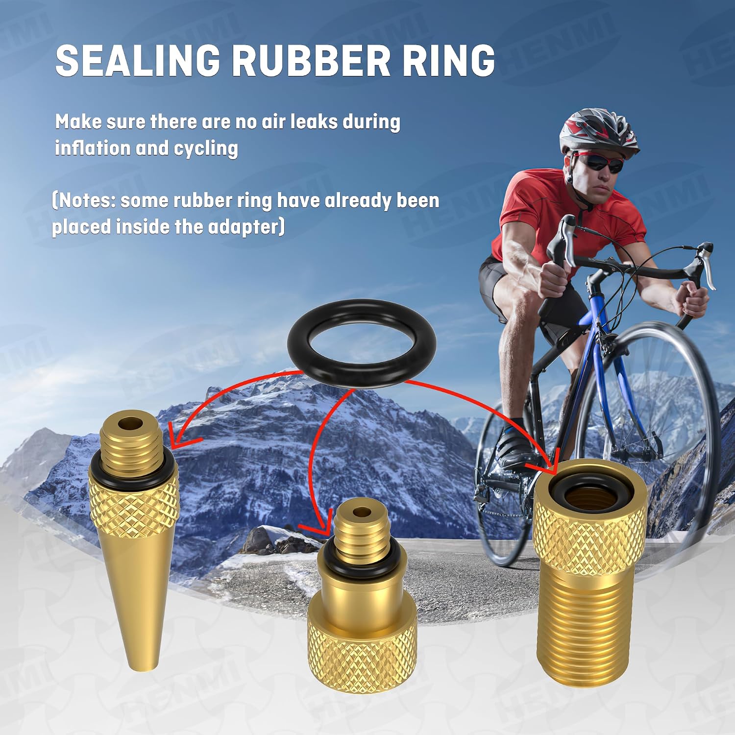 Detalle 2 de HENMI Fahrradventil Adapter Set für Autoventil, französisches Ventil & Dunlop – mit Sortierbox