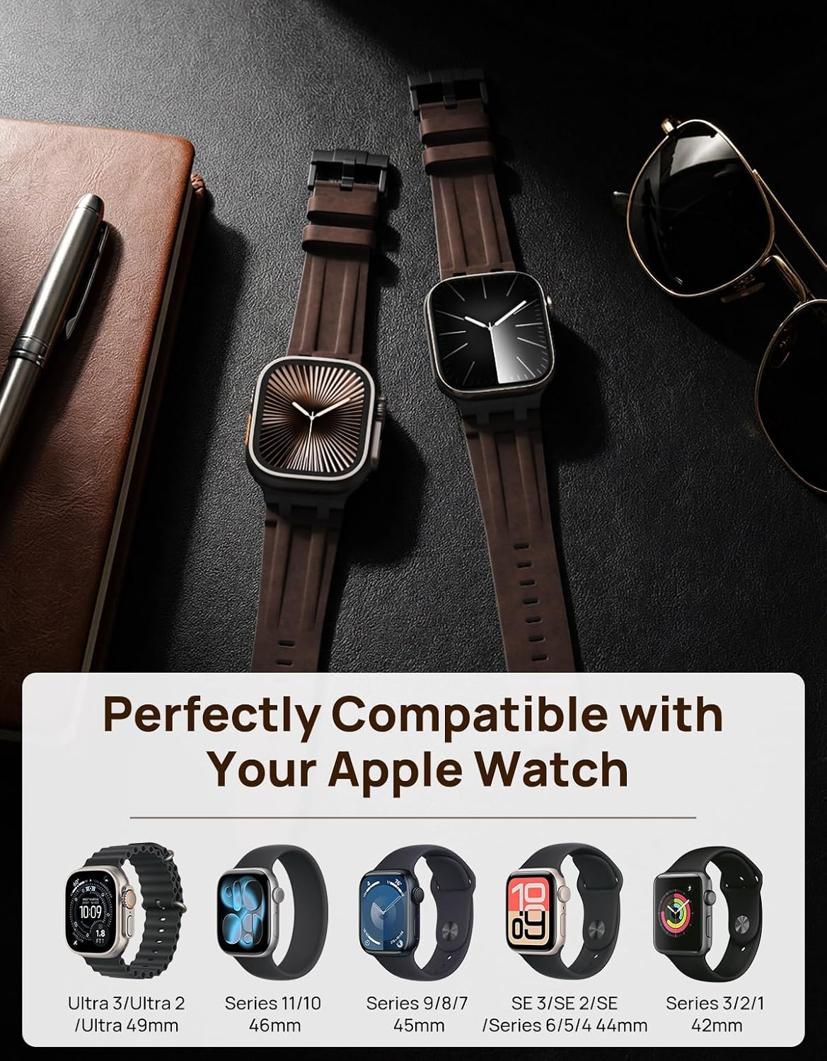 Thumbnail 1 de MoKo Bracelet en cuir pour Apple Watch (Crazy Horse) avec connecteurs métal — compatible 49/46/45/44/42 mm