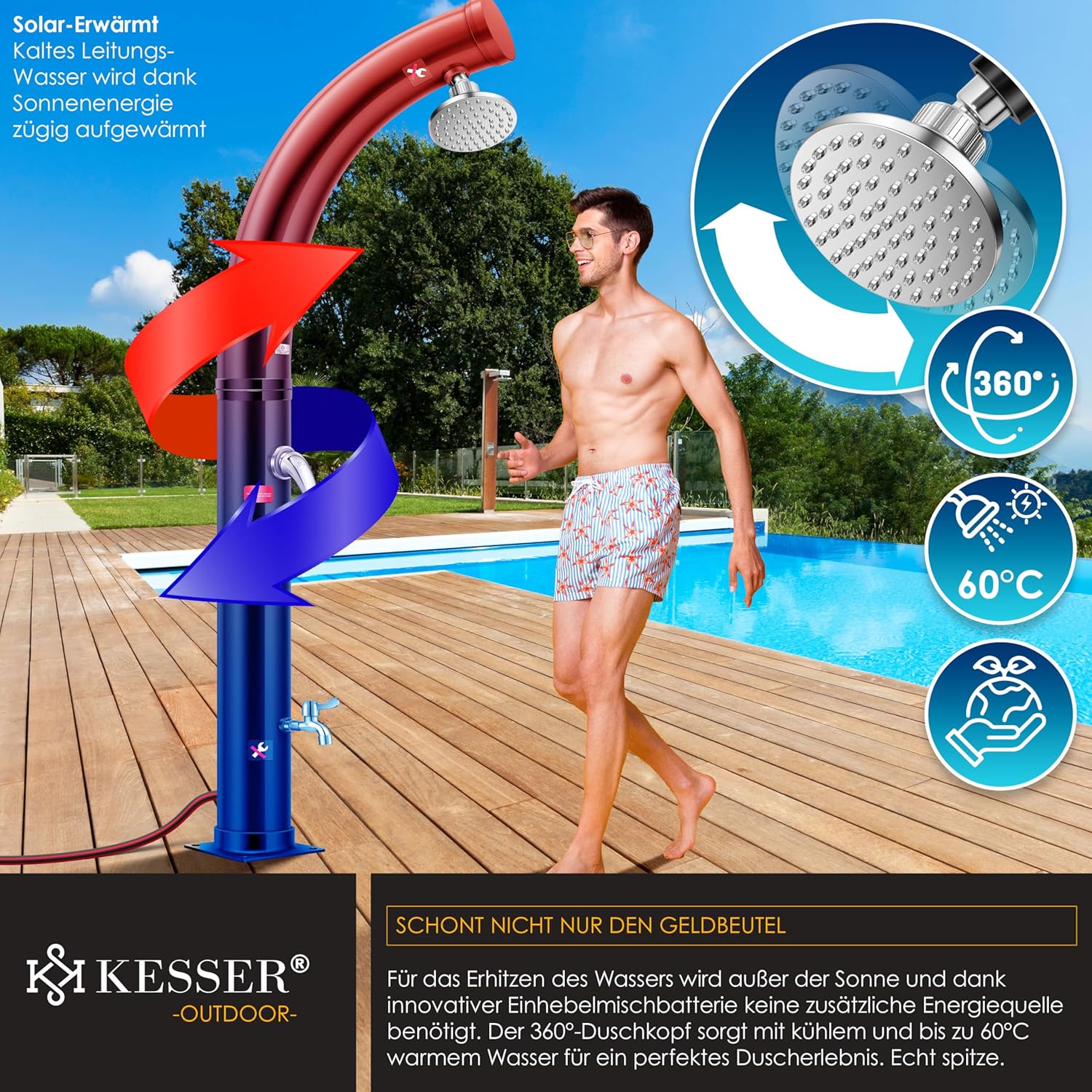 Thumbnail 3 de KESSER Solar-Gartendusche Bogen mit Schutzhaube – 20L/35L, warm bis 60 °C, Regenduschkopf, Wasserhahn, Gartenschlauch-Anschluss