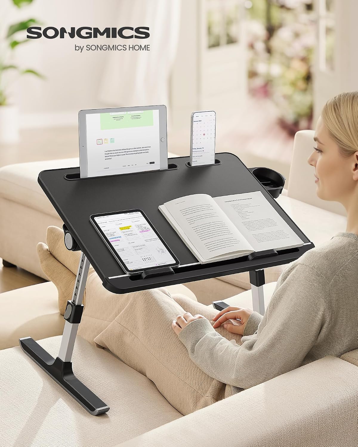 Detalle de SONGMICS Tavolino da Letto per PC, Scrivania Pieghevole: versatilità e comfort in un unico tavolo