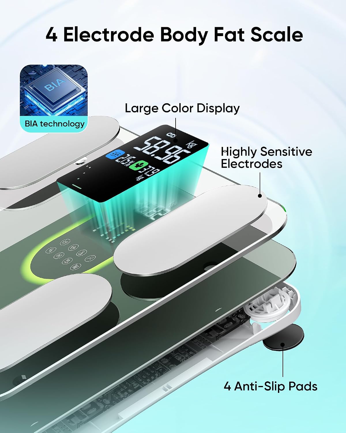 Detalle de Body Fat Scales with 4-Electrode BIA (180kg) + Fitdays App — Smart Bathroom Scales for BMI, Visceral Fat & More