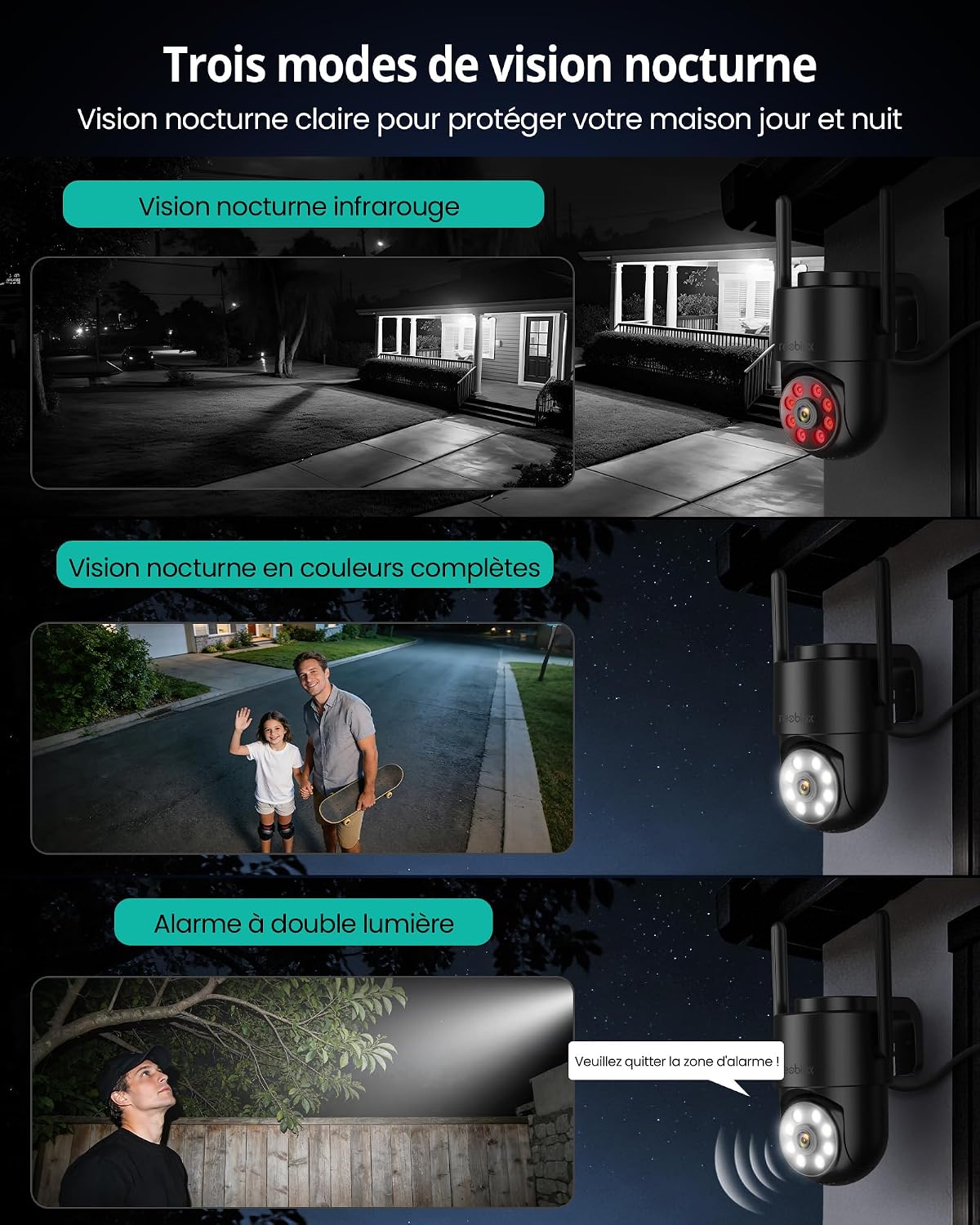 Detalle de Reobiux Caméra de surveillance extérieure 2K PTZ WiFi 2,4 GHz avec suivi humain et audio bidirectionnel