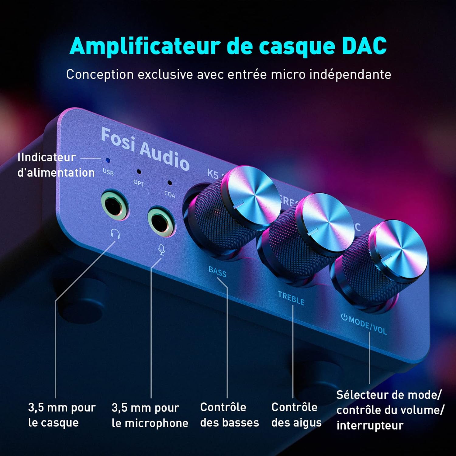Thumbnail 1 de Fosi Audio K5 Pro : Amplificateur casque USB-C DAC HiFi pour PS5/PC/MAC avec sortie AUX/RCA
