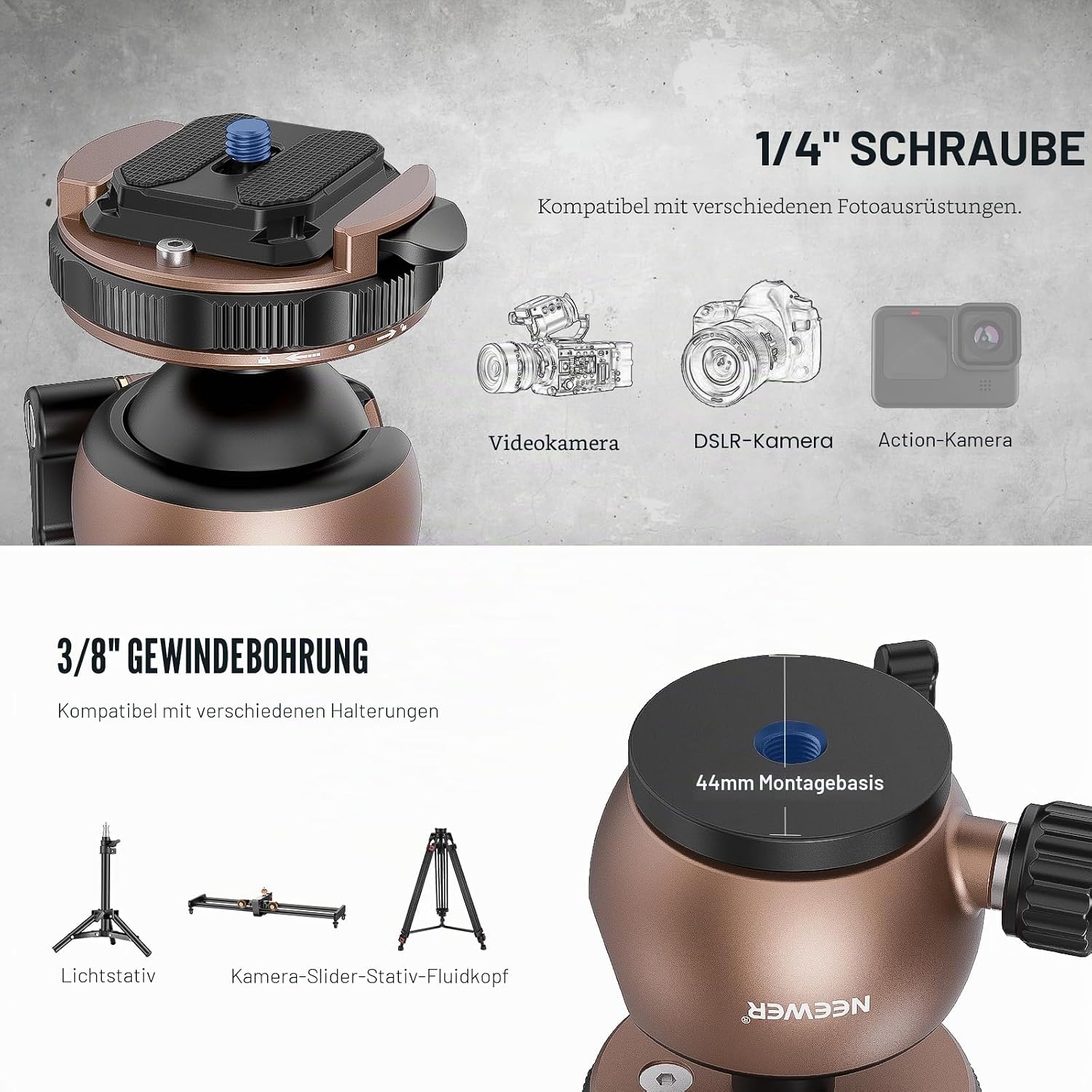 Thumbnail 3 de NEEWER Stativkopf Kugelkopf GM32 – flaches Profil, 10 kg Traglast und Quick Release Platte