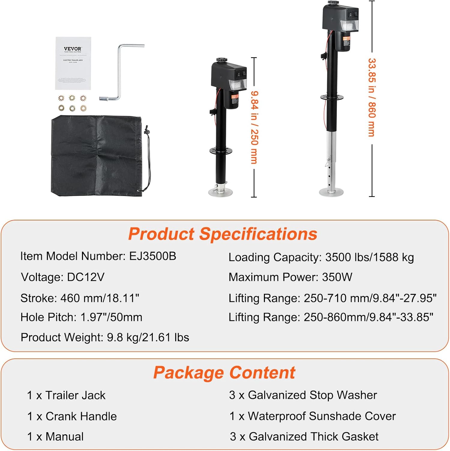 Thumbnail 6 de VEVOR Electric Tongue Jack (3500 lbs Capacity) with Waterproof Cover for RV, Horse & Utility Trailers