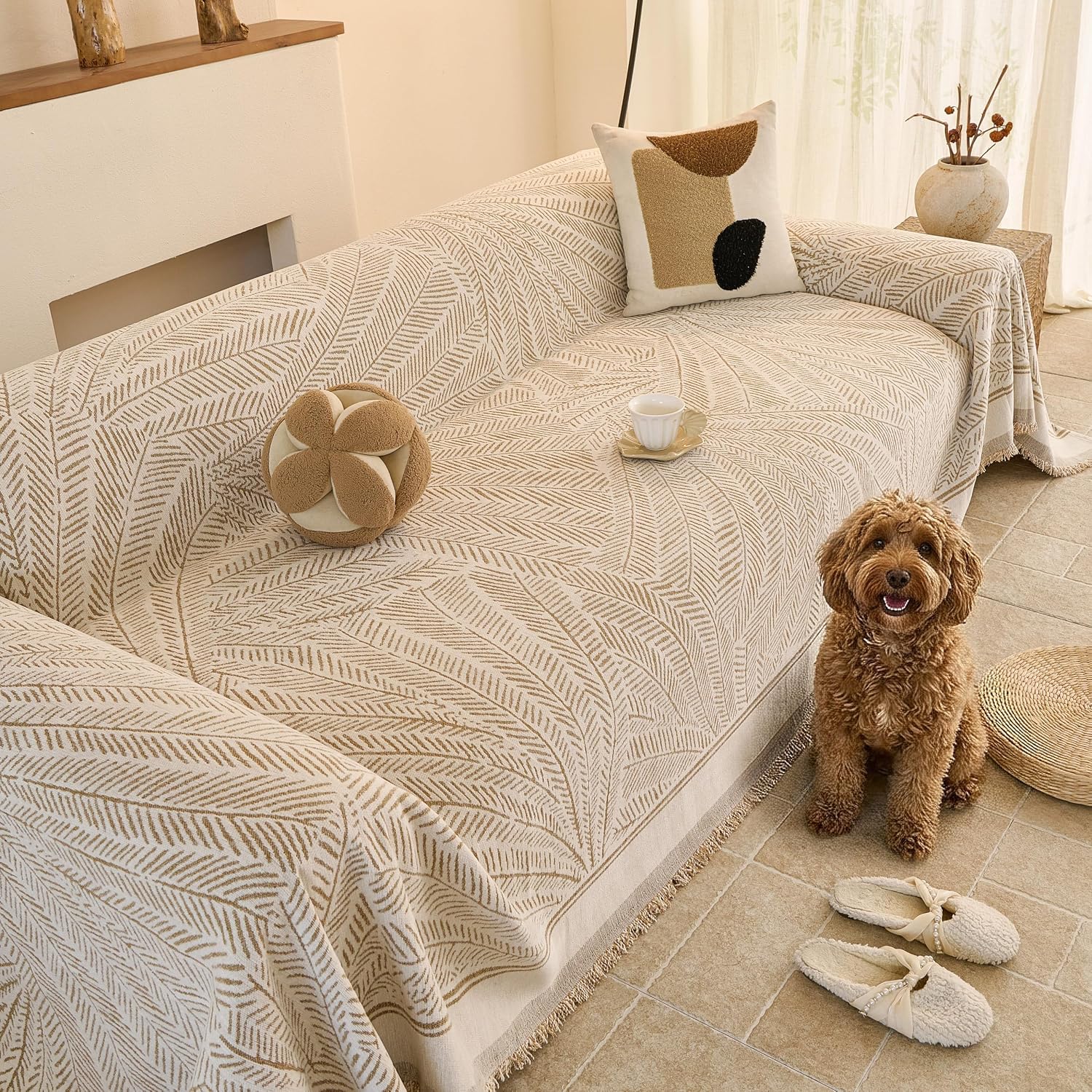 Detalle de Fuyulacom Sofa Cover 91 Khaki Chenille Sofa Cover, 91 x 150 in, Striped