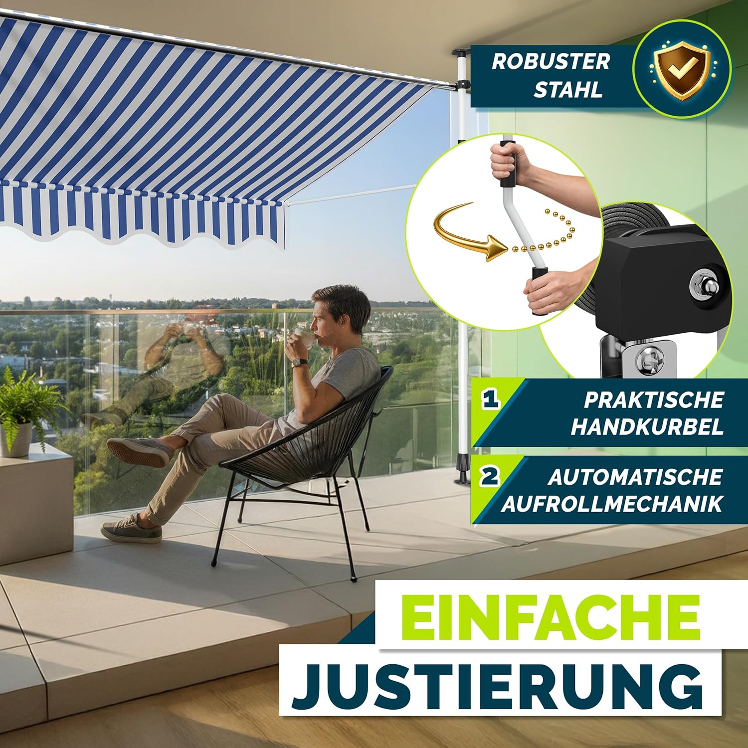 Thumbnail 4 de tillvex Klemmmarkise mit Handkurbel für Balkon, Terrasse & Garten (ohne Bohren) – Blau-Weiß, 250 cm