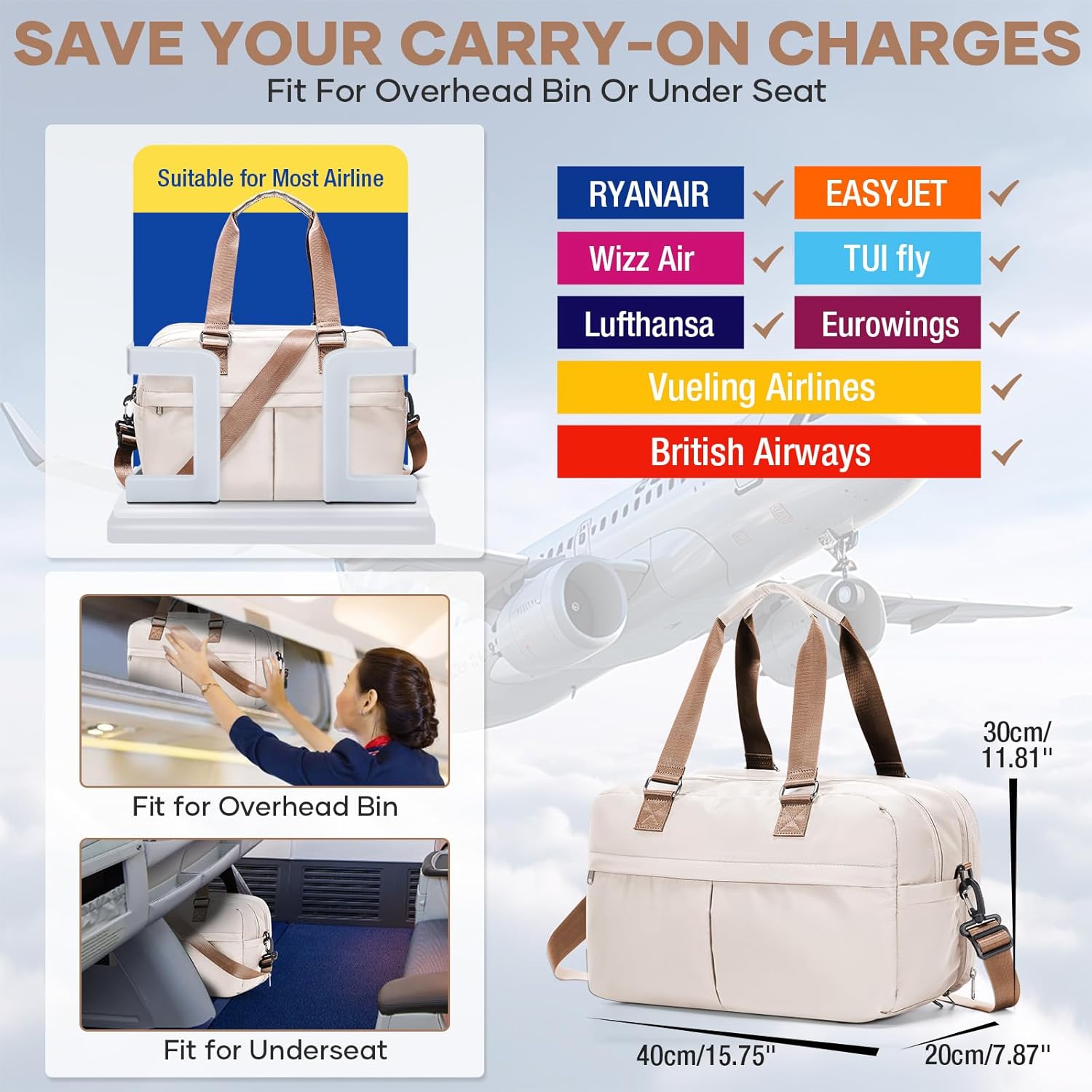 Thumbnail 1 de Ryanair Underseat Cabin Bag 40x30x20 (Expandable to 40x30x25) – Beige/Brown