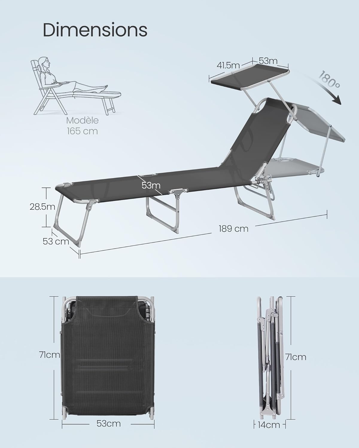 Thumbnail 2 de SONGMICS lot de 2 chaises longues pliantes avec pare-soleil réglable 360° et dossiers 4 positions, 189 x 53 x 28,5 cm (GCB294BZ02) – noir