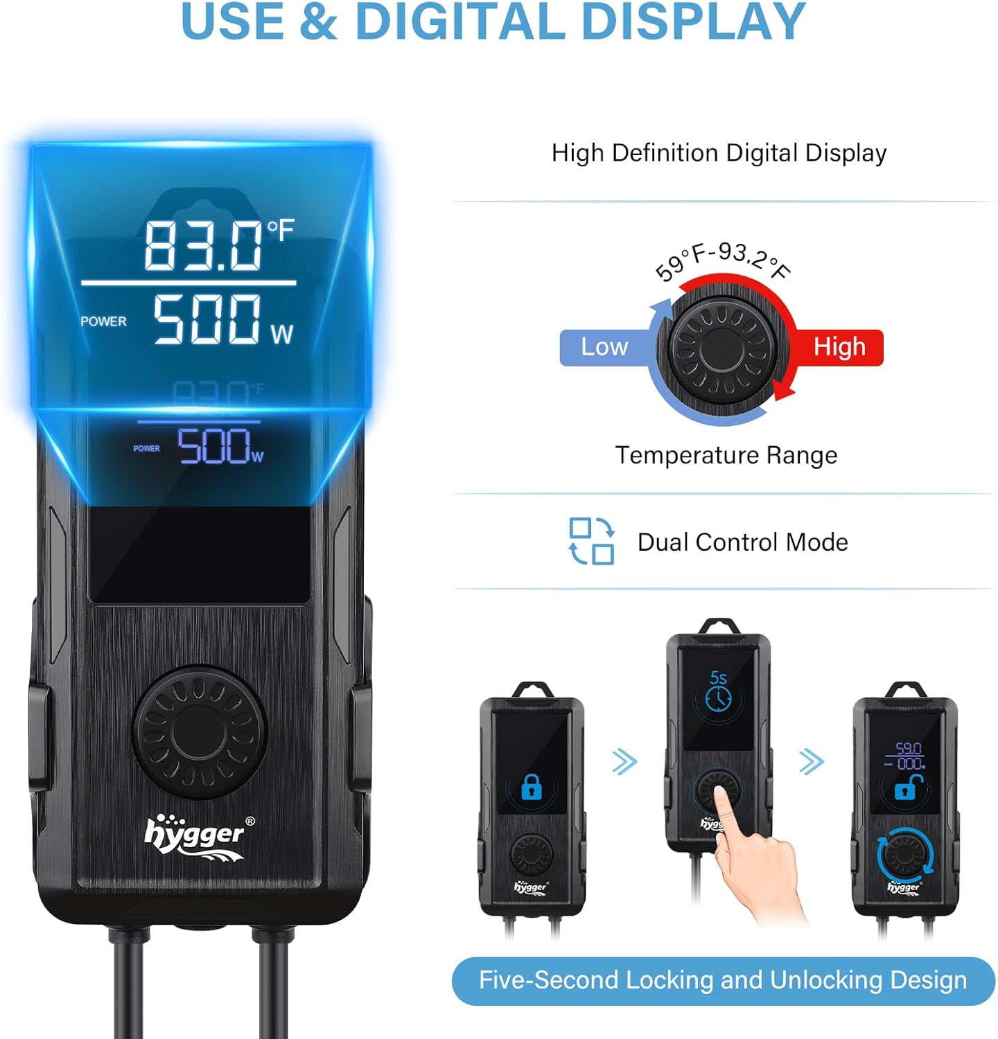 Detalle 2 de hygger Submersible Aquarium Heater 500W digital thermostat for 220–510 L fish tanks
