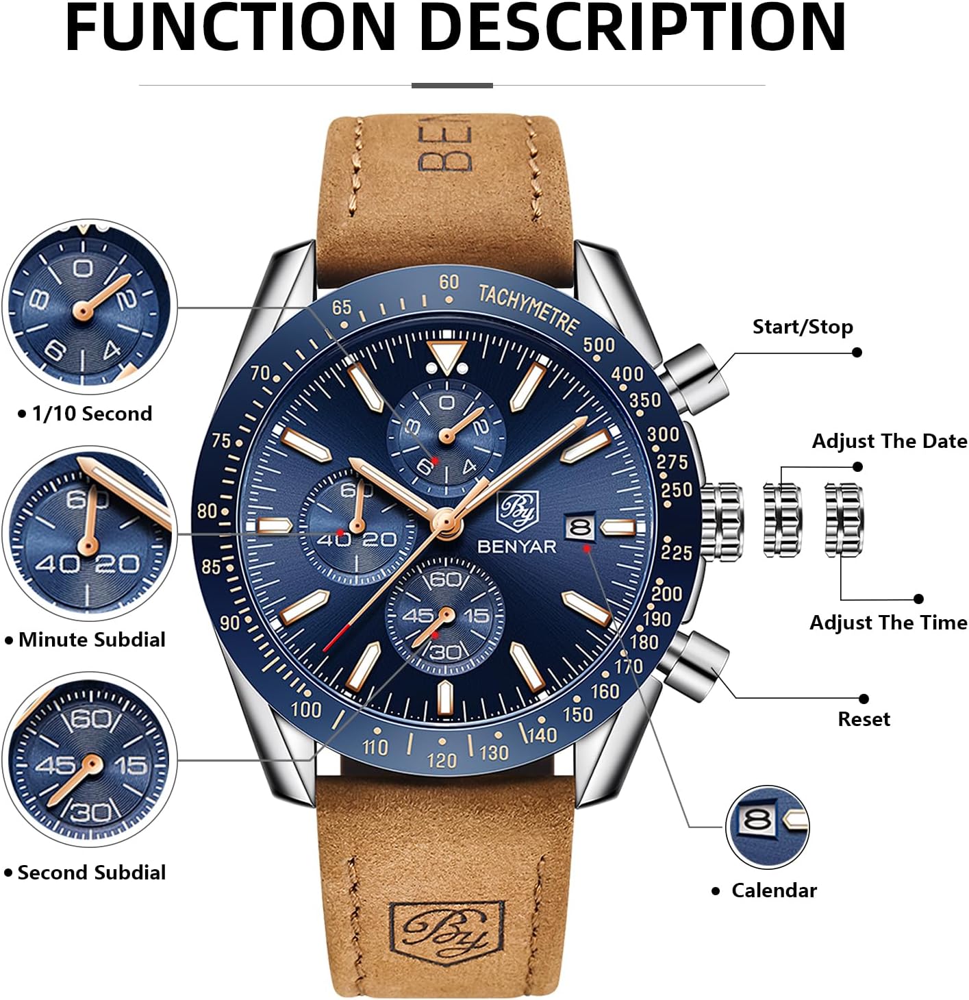 Detalle de BENYAR Montre Homme Étanche Analogique Quartz Chronographe – Grand Cadran 45mm, Leather et Daté