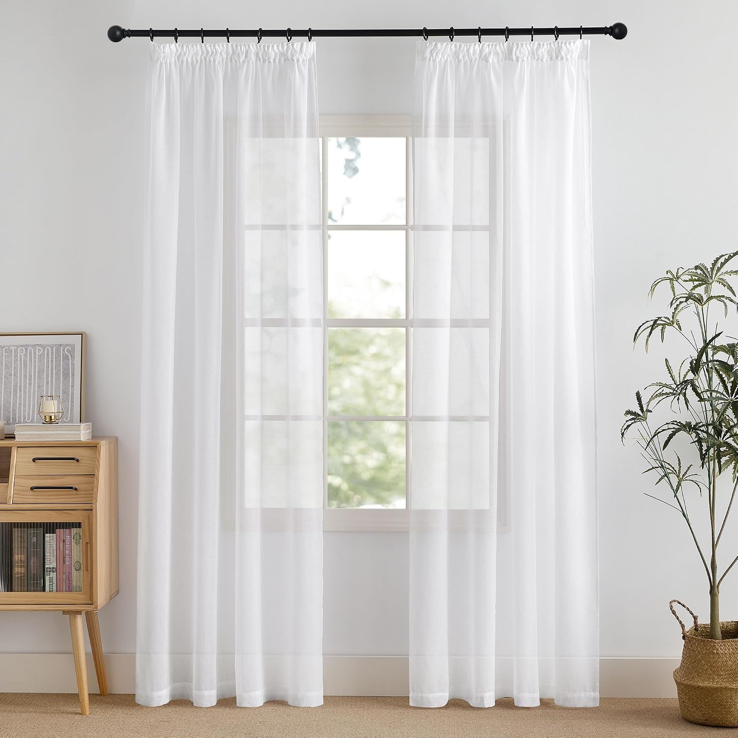Detalle de PONY DANCE White Voile Curtains – White Linen‑Look Panels, Set of 2 (W 55 x L 87 inch / 140 cm x 220 cm) for Living Room, Bedroom, Kitchen