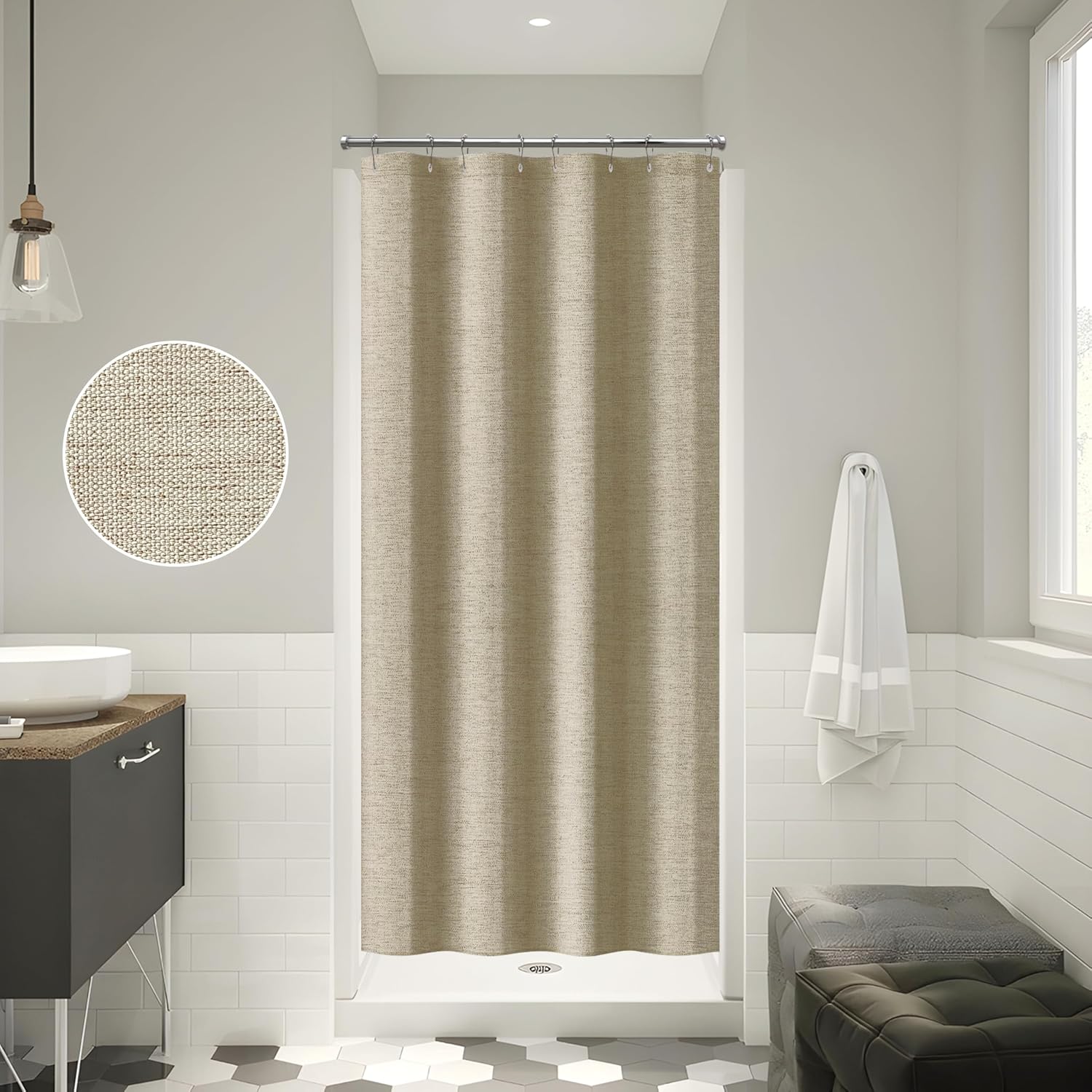 Detalle de VANZAVANZU Rideau de Douche Lin avec Anneaux en Métal – Taupe 122x182 cm