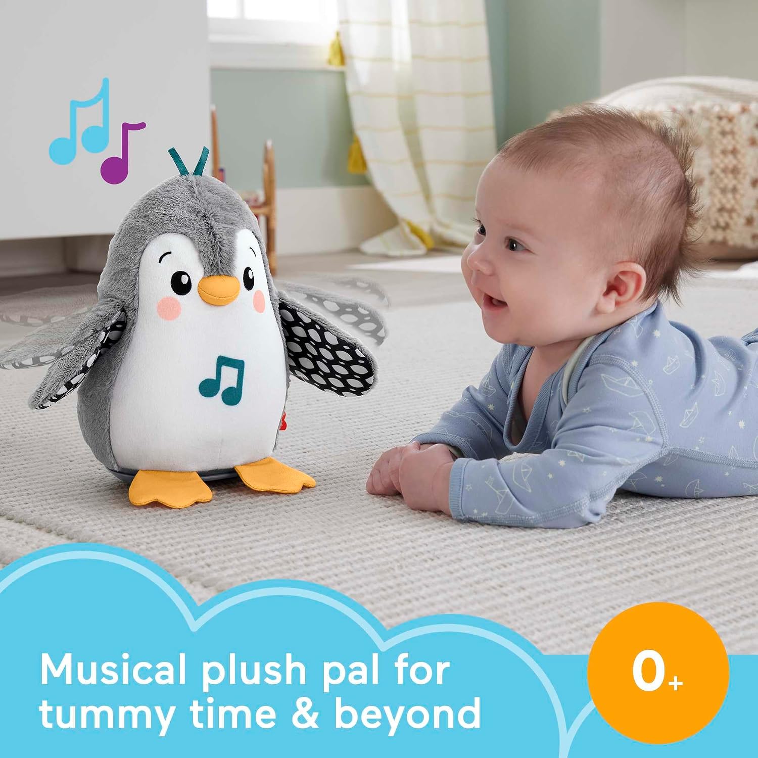 Detalle 2 de Fisher-Price Baby Tummy Time Toy Flap & Wobble Penguin (HNC10) plush with music & motion
