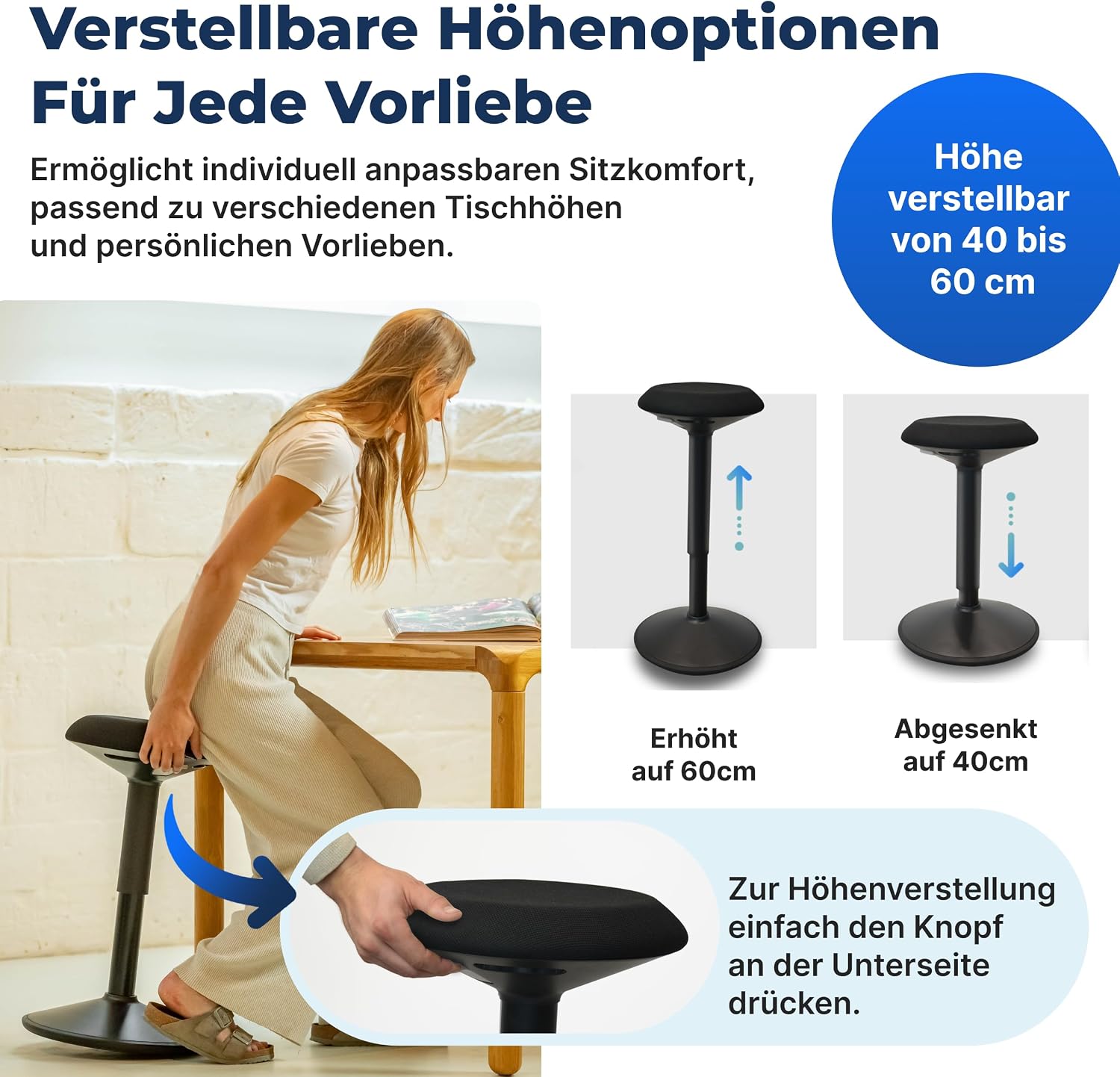 Detalle de Ergonomischer Hocker fürs Büro – höhenverstellbar 40–60 cm mit Schwingeffekt, mattschwarz