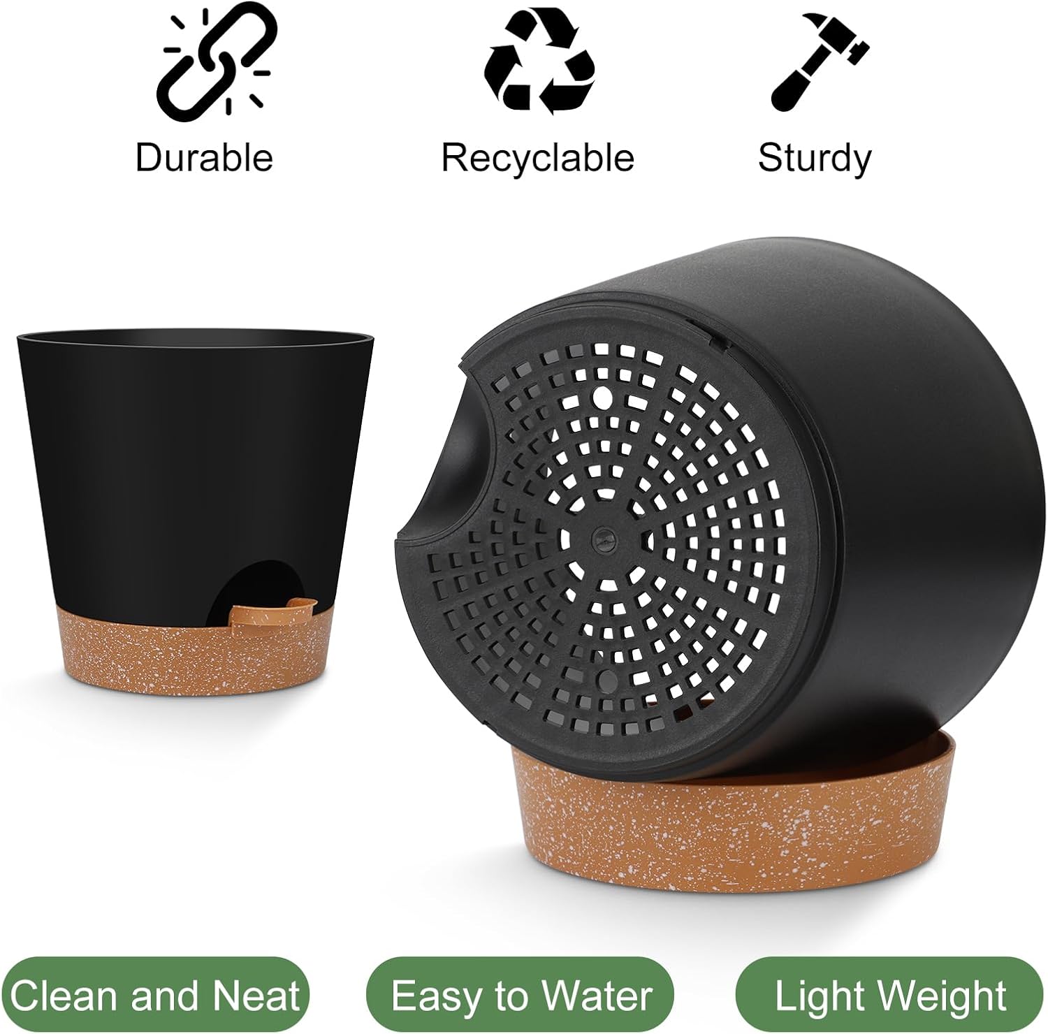 Detalle de YNNICO 6-Piece Self-Watering Planter Set, Black Plastic Pots, 5–8 Inches