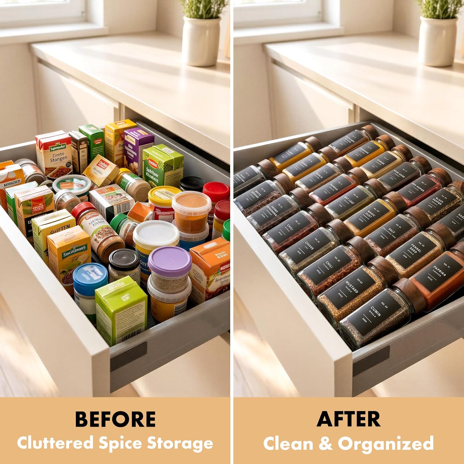 Detalle 2 de EDELHAUS Square Spice Jars with Acacia Wooden Lid (Pack of 24) | Glass Containers with Shaker Inserts, 240 Labels, and Cleaning Brush