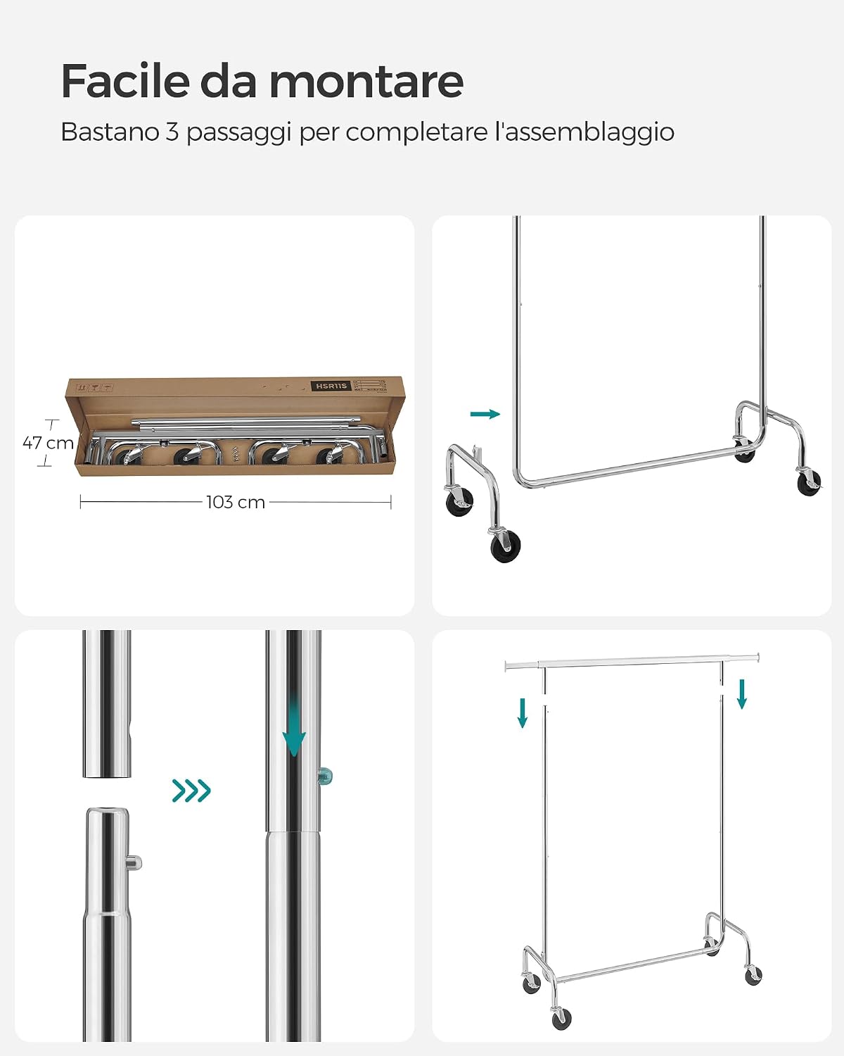 Thumbnail 6 de SONGMICS HSR11S stand appendiabiti con rotelle e barra estensibile, portata 130 kg