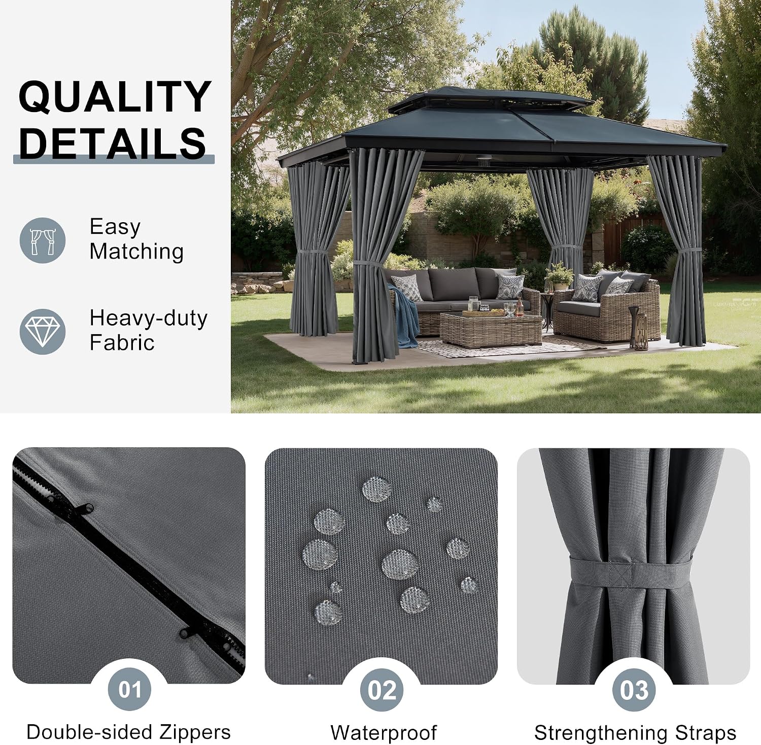 Detalle de NICETOWN 10' x 12' Gazebo Curtains, 4 Zippered Waterproof Panels, Grey