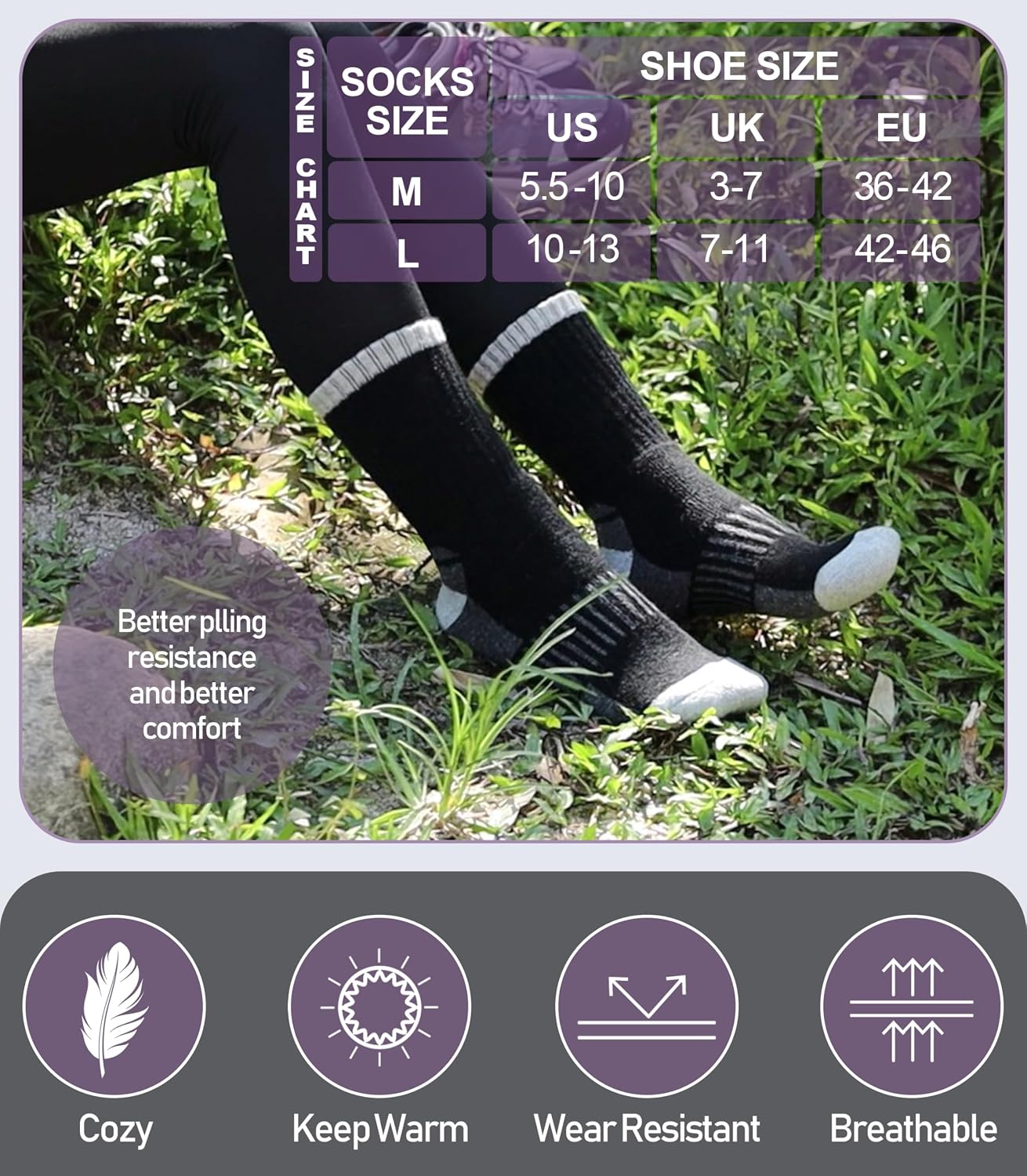 Detalle de DYW Merino Wool Hiking Socks, Cushioned Crew Socks, 5-Pair Pack