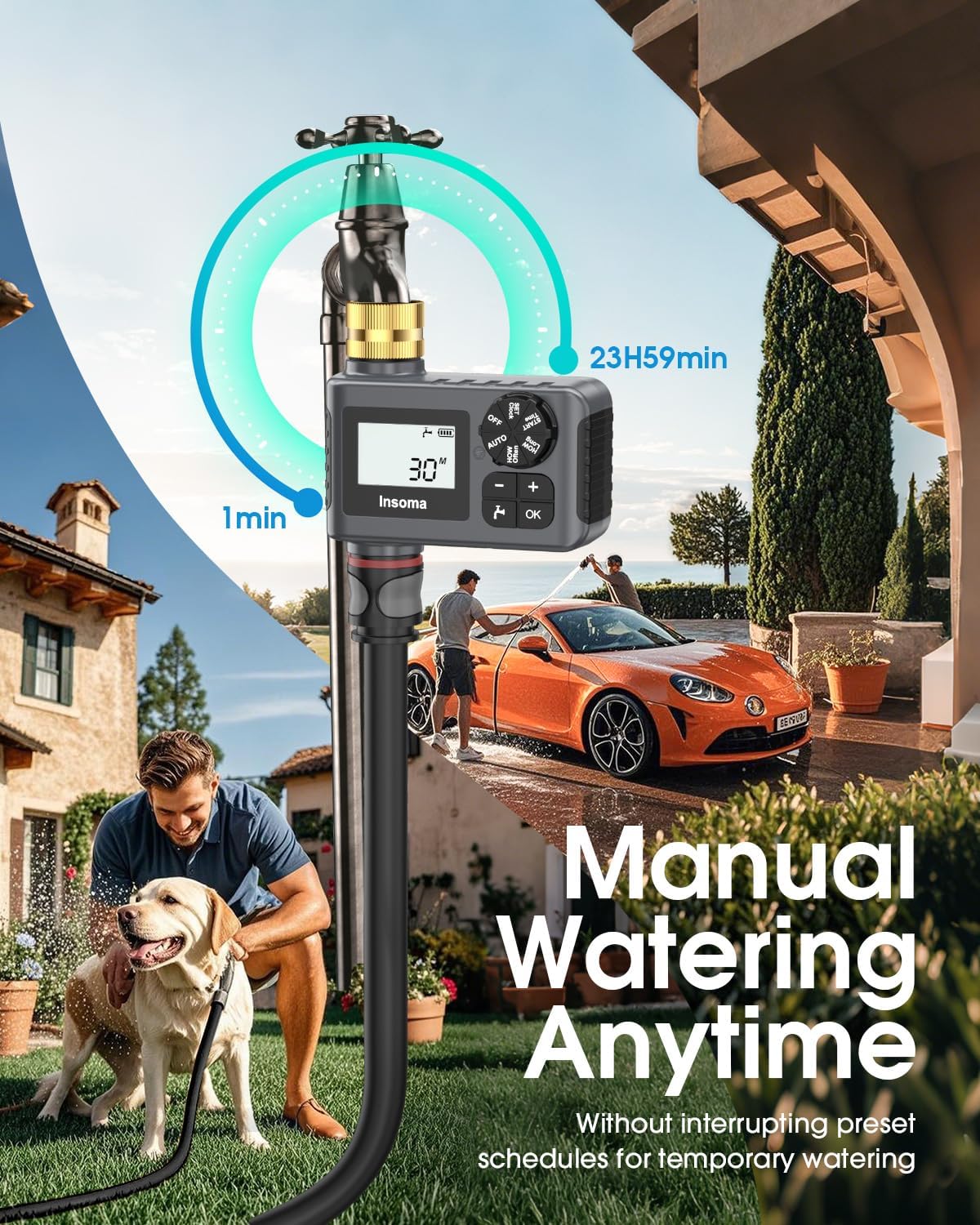 Detalle de Insoma Water Timer for Outdoor Garden Hose with Rain Delay, Manual Mode & LCD